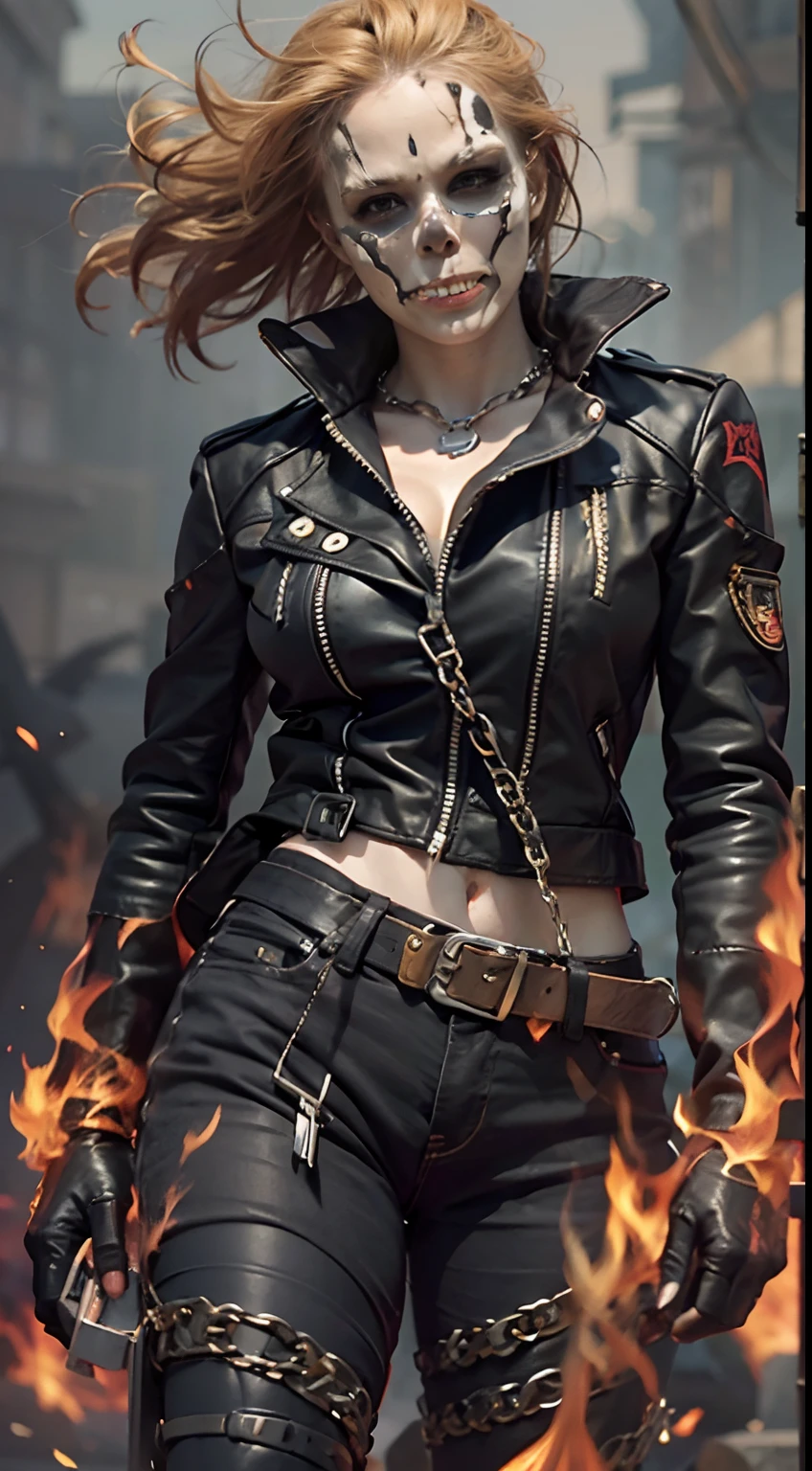 Female version of Ghost Rider, (Ghost Rider),A superhero under the Marvel Comics umbrella,The image is usually a burning human skeleton、Wear leather clothing、Heroes in chains,And get on a flaming motorcycle,Fight evil enemies everywhere。Flames flutter in the wind,The burning skull speaks of his immense hatred,He gave his soul to hell,Surround your filthy body with poisonous fire and chains,In his fiery eyes,You see your own sinful life,That manic laughter devours your entire soul。Ride a spooky Harley for the night,Walk between hell and earth,The roar of the motor is accompanied by a roar of anger,What remains is a line of fire that attracts light and darkness。Everywhere the motorcycle passes, It will be a mess,There will also be fire marks on the road。Influenced by supernatural forces,The deep flames of hell,Will directly cover the whole body of the Evil Spirit Knight,After the flesh and blood were burned,It took the form of hellfire。If you don't wear clothes,Skeleton and fire do not make the character visible,If you put on clothes,It can show a part of the body in human form,And better than the host body in human form。Hellfire can scorch anything as the Ghost Rider himself wishes,Or something that won't hurt any evil spirit knights。huge tit,Thin waist and thick hips,long leges,Sexy figure,