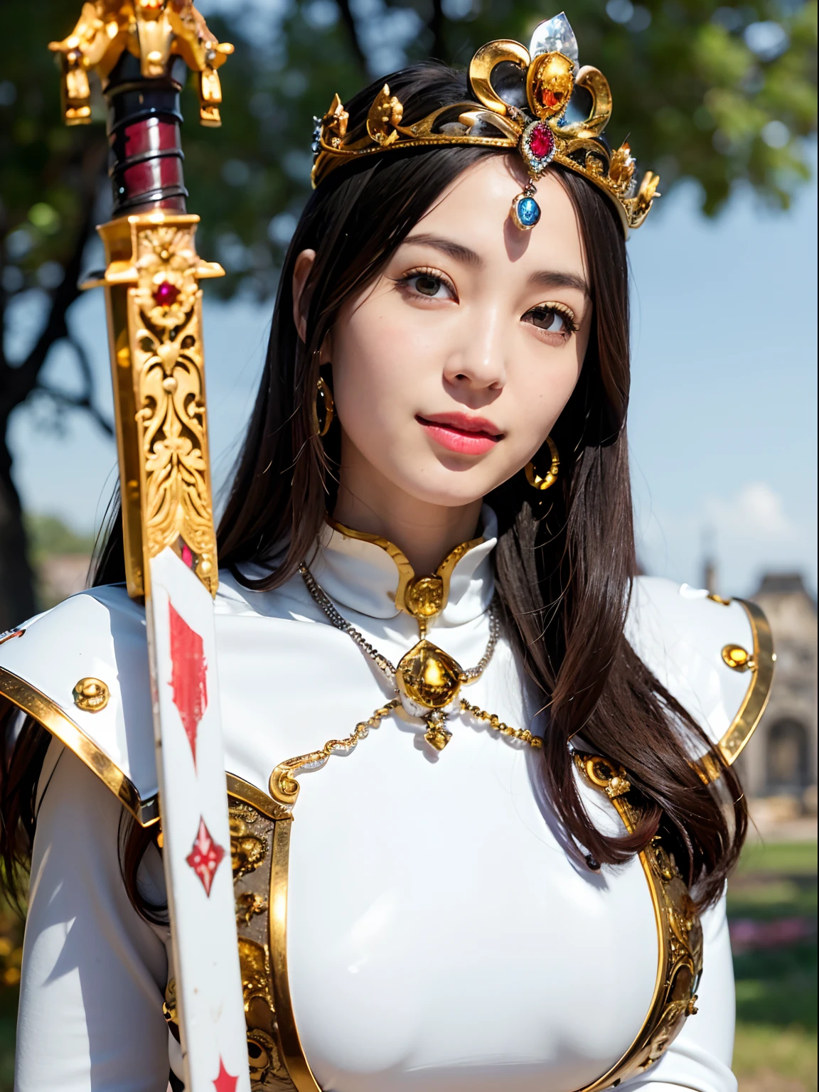 (masterpiece), Professional , ​masterpiece、top-quality、photos realistic , depth of fields （Gemstone Silver Metal Body:1.９),(Matte White、Jewel Gold Weapon（Jewel Metal Body:1.４),Gorgeous metal weapons , Detailed Sword of the Brave , Beautiful knife   ,warhammer 40k , adepta sororitas,(Army of monsters background),Detail and ornate jewel crown、Black hair、Gangle's forest background、Beautiful Caucasian beauty、１a person、dynamic ungle,(((Detailed and ornate diamond crown)))、Smaller head、A smile、Take a sexy pose、Background inside the castle、Thin and beautiful female hands、Old ancient ruins、A smile、cleavage of the breast、