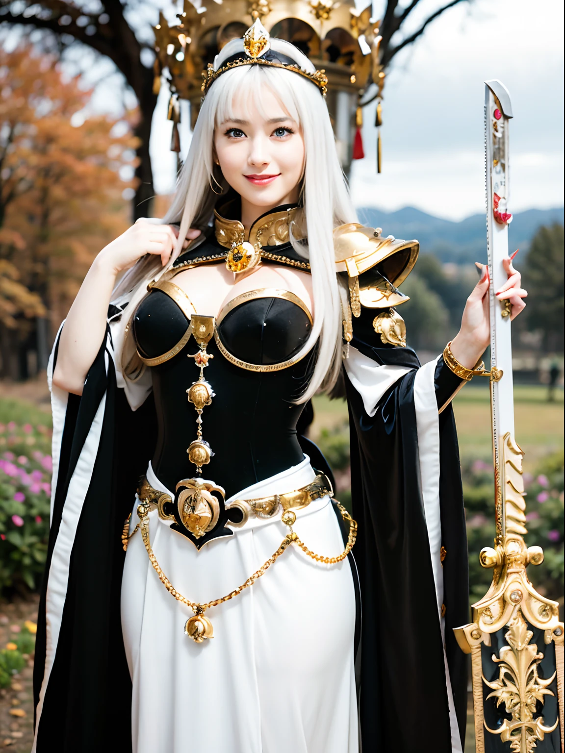 (masterpiece), Professional , ​masterpiece、top-quality、photos realistic , depth of fields （Gemstone Silver Metal Body:1.９),(Matte White、Jewel Gold Weapon（Jewel Metal Body:1.４),Gorgeous metal weapons , Detailed Sword of the Brave , Beautiful knife   ,warhammer 40k , adepta sororitas,(Army of monsters background),Detail and ornate jewel crown、Black hair、Gangle's forest background、Beautiful Caucasian beauty、１a person、dynamic ungle,(((Detailed and ornate diamond crown)))、Smaller head、A smile、Take a sexy pose、Background inside the castle、Thin and beautiful female hands、Old ancient ruins、A smile、cleavage of the breast、