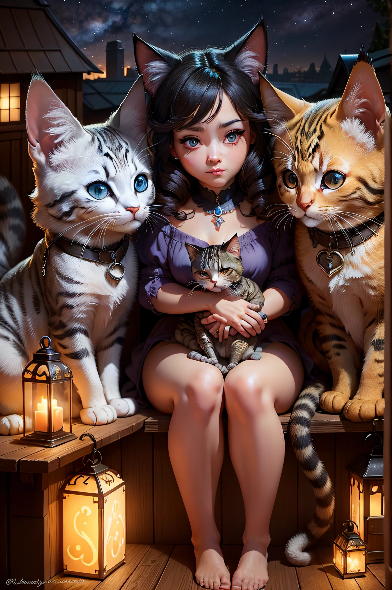 Cartoon, Disney style, oil painted, Intricate, Two adult cats, Three kittens, on a rooftop, Can feature portraits, kindness, Beauty, softness, Big beautiful eyes, voluminetric lighting, Beautiful, rich deep color, Masterpiece, Sharp focus, Ultra detailed, astrophotography