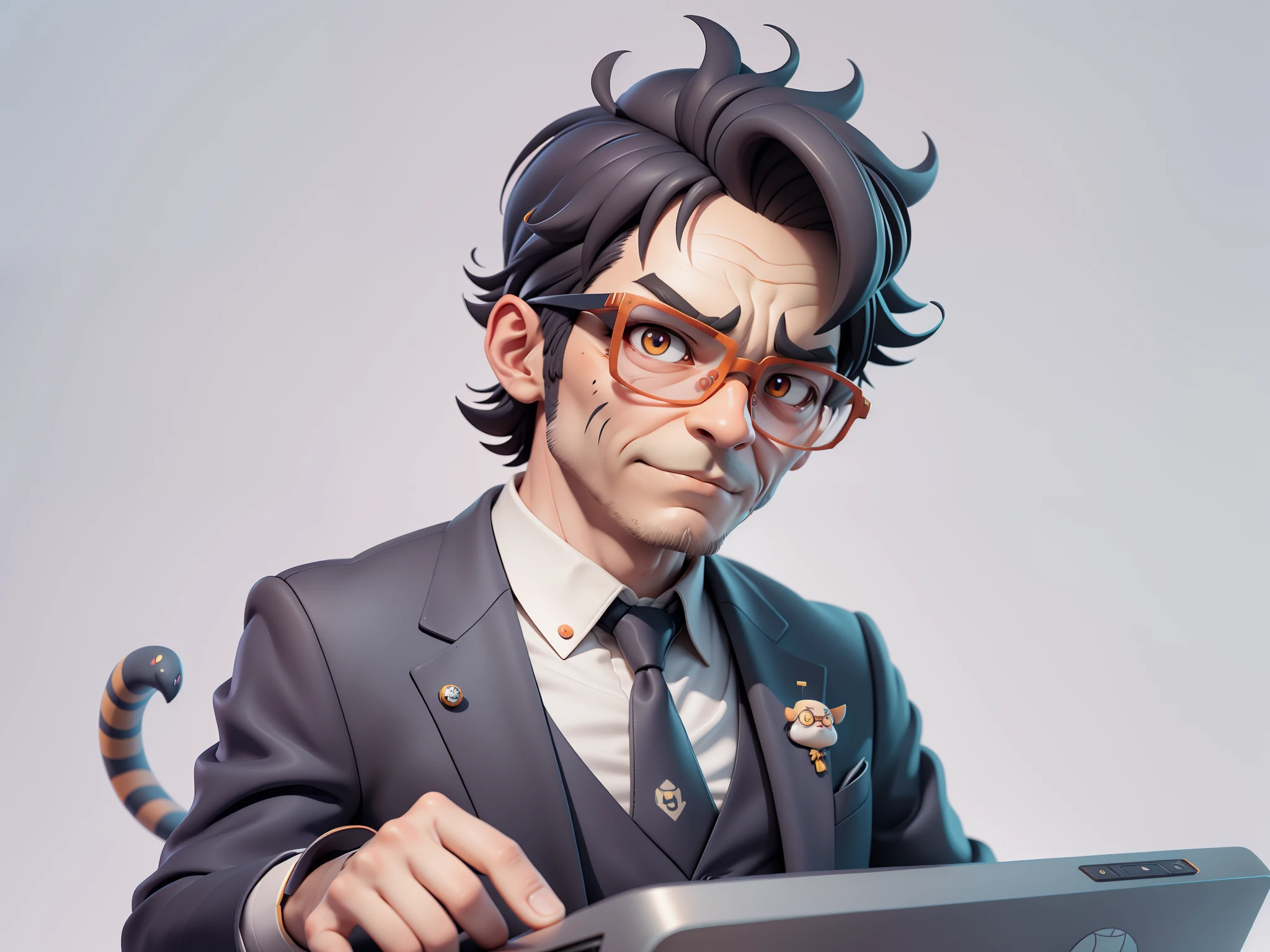 A young man in a suit, Short hair and glasses sat at his desk，holding laptop，digitial painting，tigre，3D character design by Mark Clairen and Pixar and Hayao Miyazaki and Akira Toriyama，4K HD illustration，Very detailed facial features and cartoon-style visuals。