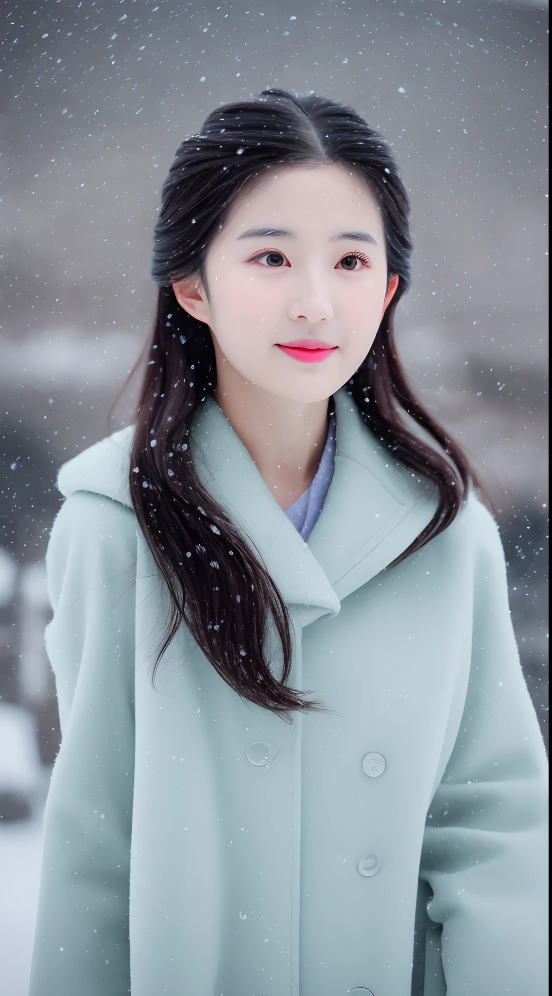 realistic photos of (1 cute Korean star) Shoulder-length hair, thin makeup, medium breasts size, wearing coat, in the snow, clear facial features, 8K high resolution, sharp and realistic details.from outside, Eye-Level Shot, f/4.0, 135mm, Fujifilm, jpeg artifacts, dithering, UHD, masterpiece