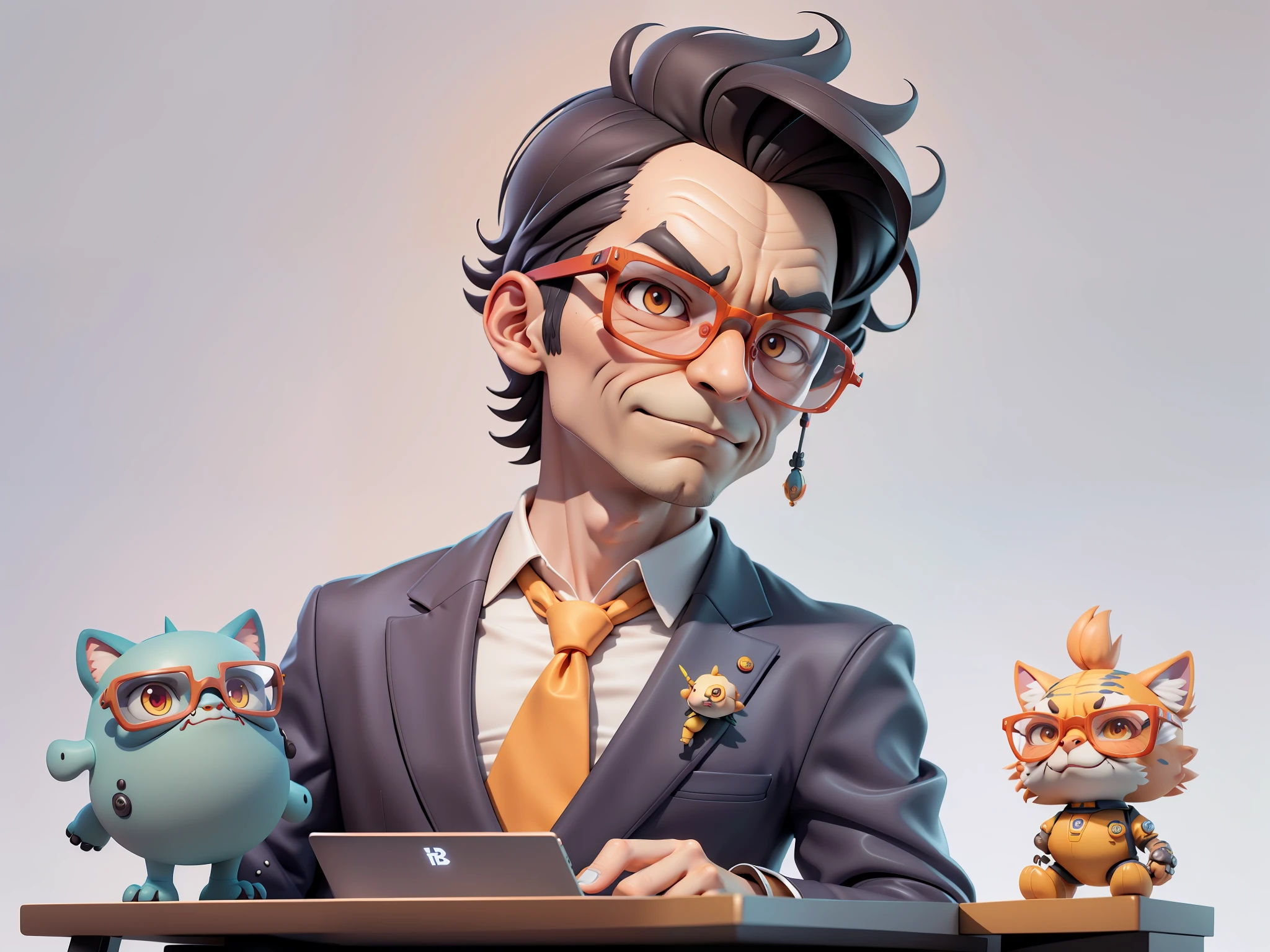 A young man in a suit, Short hair and glasses sat at his desk，holding laptop，digitial painting，tigre，3D character design by Mark Clairen and Pixar and Hayao Miyazaki and Akira Toriyama，4K HD illustration，Very detailed facial features and cartoon-style visuals。