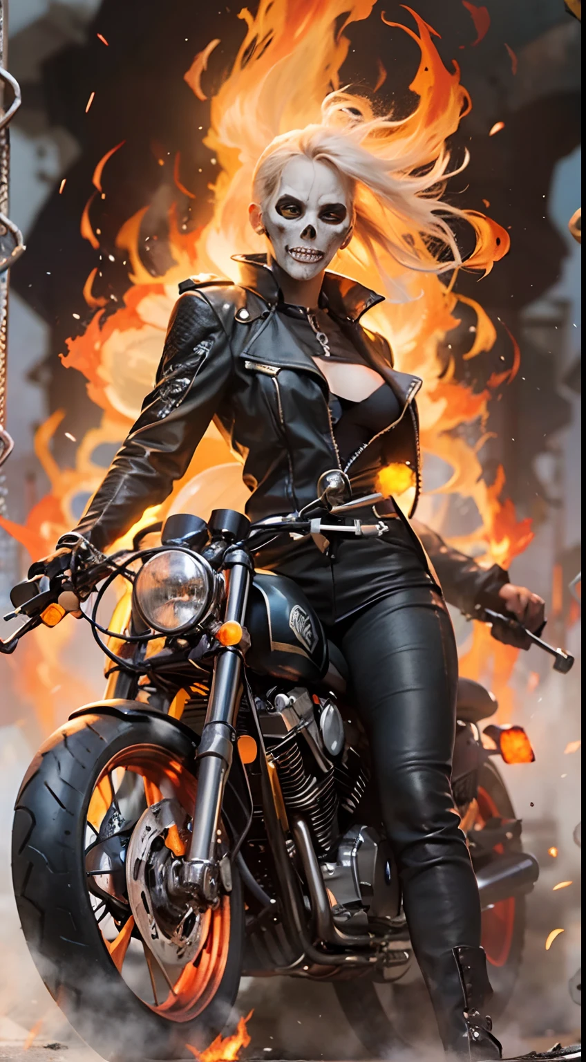 Marvel's Ghost Rider (portrayed by Taylor Swift, leather jacket, leather pants, flaming skull head, gloves, several hell chains wrapped around forearms), night, downtown Tokyo
