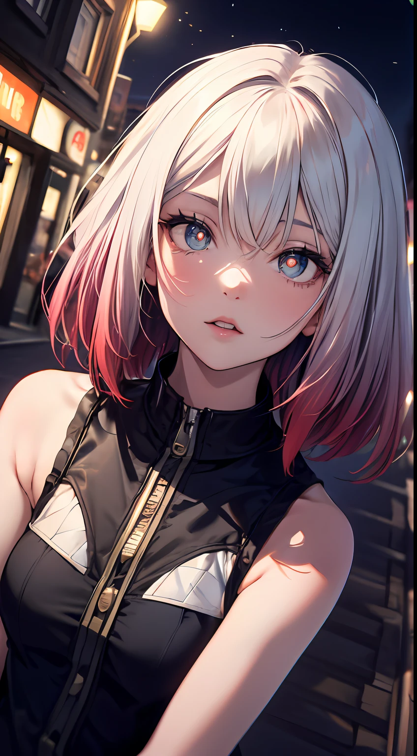 NY, (gradient hair, dutch angle:1.3), film grain, chromatic aberration, city, masterpiece, best quality, raw photo, photorealistic, absurdres, 1girl, cute, perspective, cowboy shot, highres, ultra detailed, detailed eyes and face, sharp pupils, realistic pupils, sharp focus, summer, night,