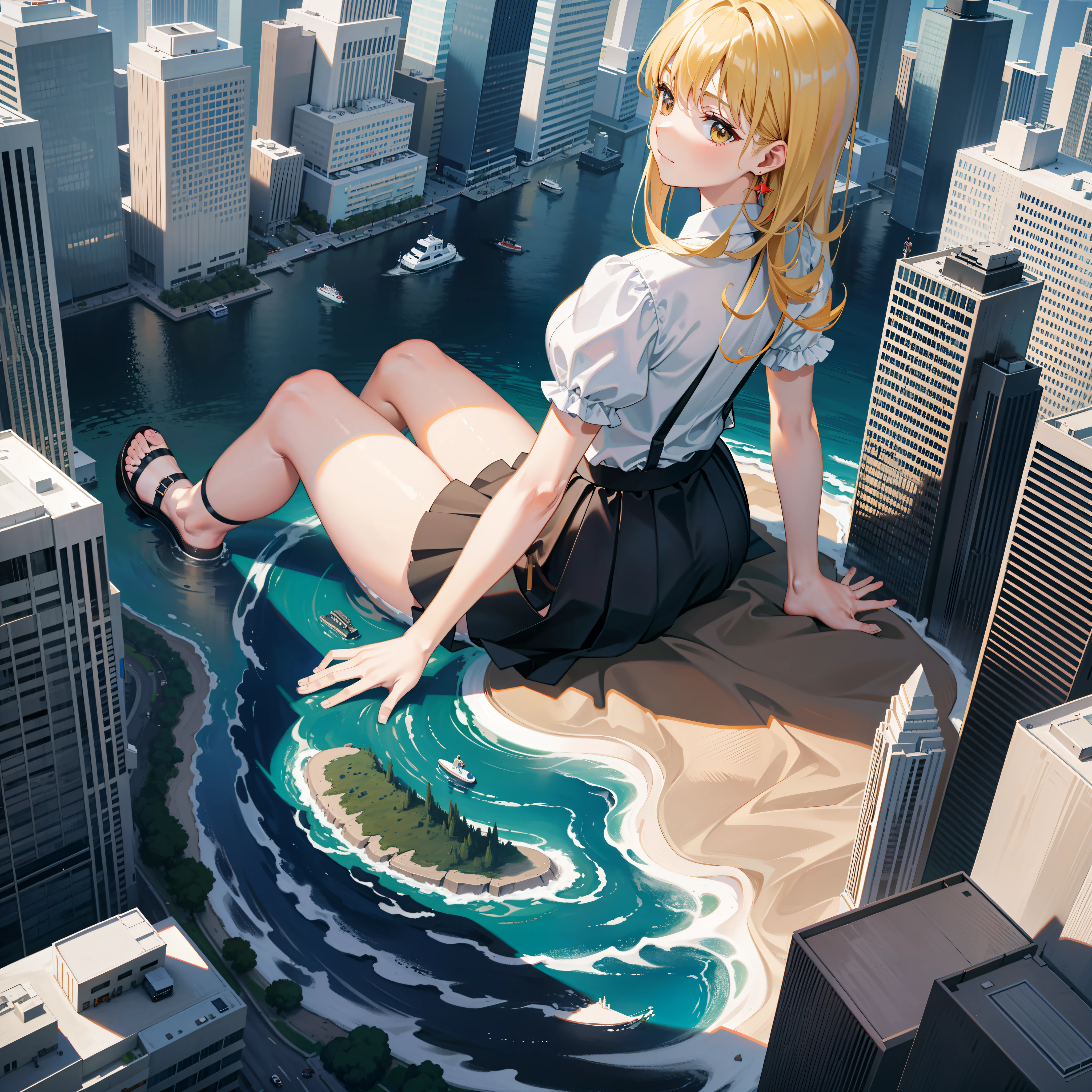 GTS, Giantess, orelhas de gato, franzir a testa leve, olhando para baixo, heaven, camisa amarela solta, black skirt, sol de bloqueio, sandals, Pisando, destruction, collapsing building