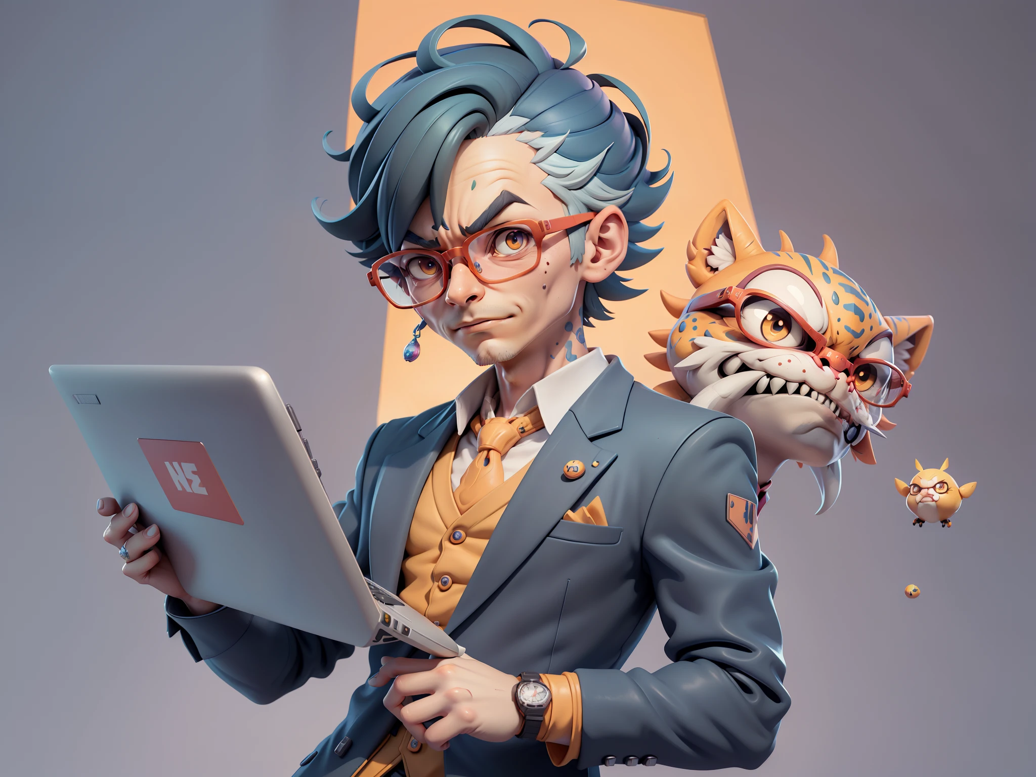 A young man in a suit, Short hair and glasses sat at his desk,holding laptop,digitial painting,tigre,3D character design by Mark Clairen and Pixar and Hayao Miyazaki and Akira Toriyama,4K HD illustration,Very detailed facial features and cartoon-style visuals。