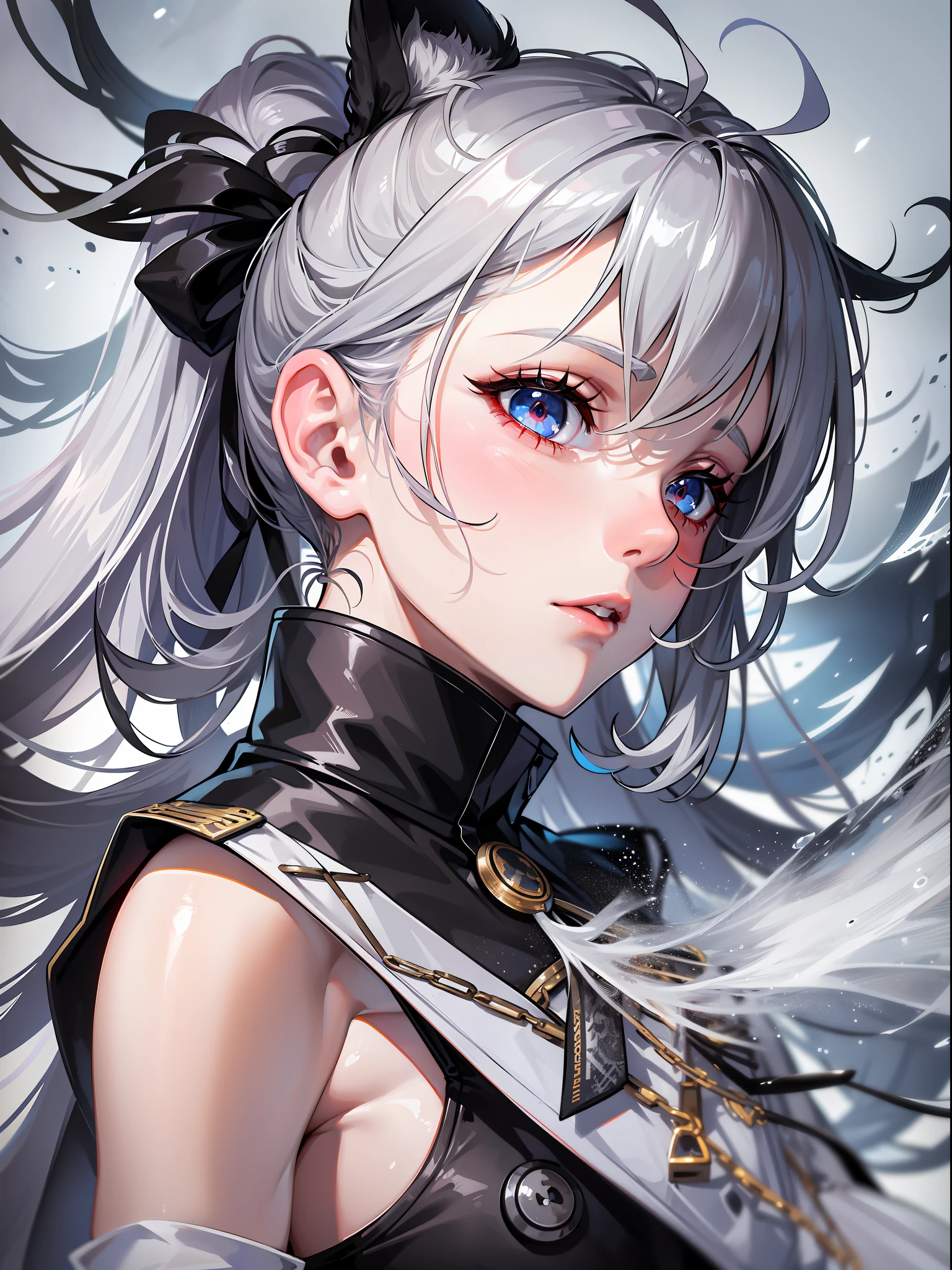 gray hair, white and yellow cloth, red eyes, black long gloves, blue eyes, ponytail, illustration, multicolored, from below, armpits, very detailed body, girl, woman,, 30 years old, unusually long hair, spiked hair, tearful bangs, hair pulled back, twin blades, sidelocks, white and black hair, flowing hair, antenna hair, beautiful face, fox ears, arms on the back, delicate hands, big, wet skin, 1 girl, US Army, khaki clothes, detailed fabric, military uniform, World War II, thick lashes, expressionless++, unkempt hair, big hair, disheveled++, dirty clothes +, empty eyes +++, torn clothes, forest background, snow, winter, gray theme, landscape, chromatic aberration