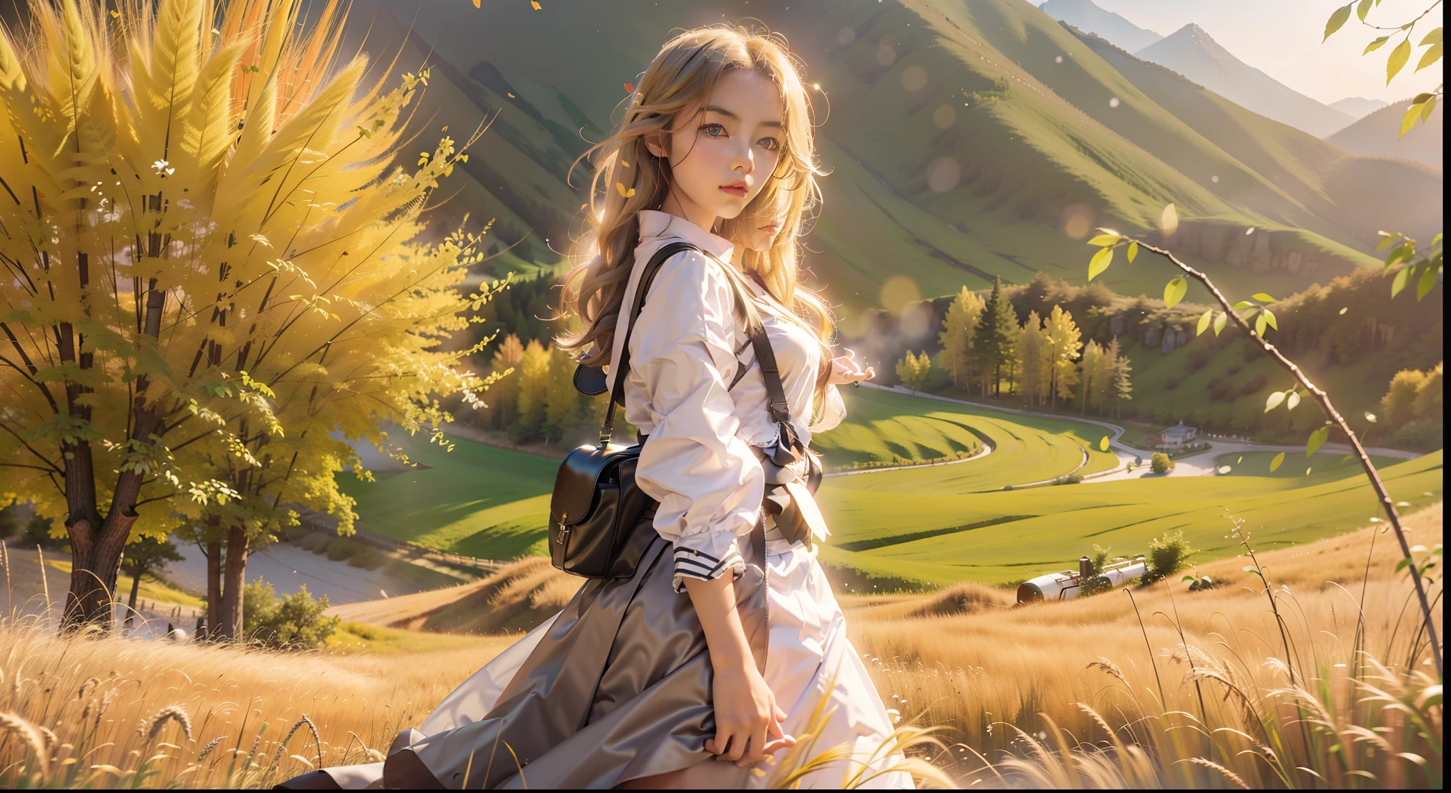 fall season,full bodyesbian, standing on your feet,long skirt,Portrait of cute blonde girl, Stand on a golden wheat field (((looks away))), In the distance, The mountains are full of red maple,Yellow deciduous flowers, orange fog, Exercise, floated hair, Realism, High-quality rendering, stunning art, High quality, filmgrain, Fujifilm XT3, Dreamy,