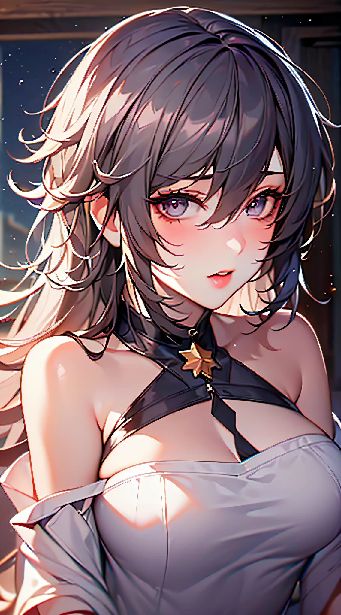 (photorealistic:1.4), (masterpiece, side dim light, finely detailed beautiful eyes: 1.2), masterpiece*portrait, realistic, 3d face, Stelle \(honkai star rail\), 1girl, white oversize T-shirt, bare shoulder, universe, rail, bangs, blush, shy, lustful eyes, medium long hair, looking at viewer, gasp, medium breasts