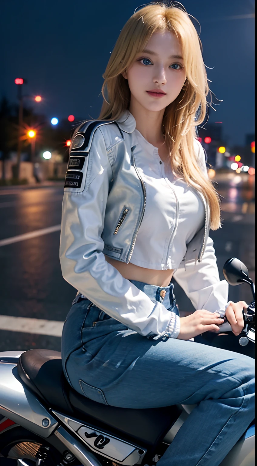 1girl in, (Blue eyes), rnsexy smile, ((In Mina's name)), Wide hips, Big breasts, big assa, (Best quality, 8K, masutepiece: 1.3)), Clear focus: 1.2, Perfect body beauty: 1.4 , Slim abs: 1.2, Wet body: 1.5, Highly detailed face and skin texture, Detailed eyes, Double eyelids, Long blonde hair, (White long-sleeved shirt and black motorcycle jacket), (jeans pants), (riding a motorcycle :1.4), At night in Syracuse