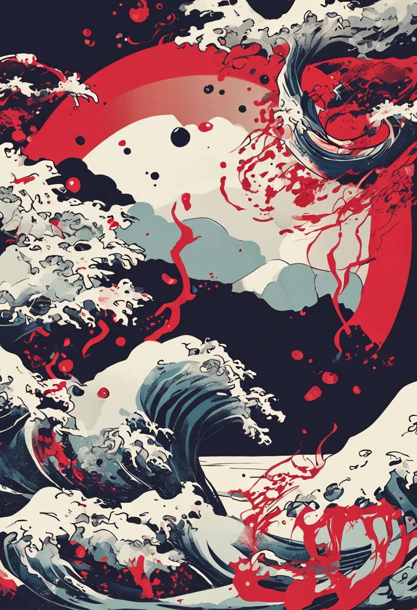 ukiyo-e style, tension, violent aesthetics, blood, bubbles, color