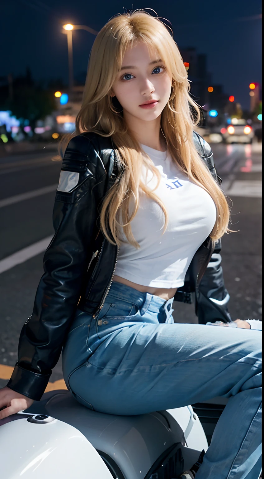 1girl in, (Blue eyes), rnsexy smile, ((In Mina's name)), Wide hips, Big breasts, big assa, (Best quality, 8K, masutepiece: 1.3)), Clear focus: 1.2, Perfect body beauty: 1.4 , Slim abs: 1.2, Wet body: 1.5, Highly detailed face and skin texture, Detailed eyes, Double eyelids, Long blonde hair, (White long-sleeved shirt and black motorcycle jacket), (jeans pants), (riding a motorcycle :1.4), At night in Syracuse