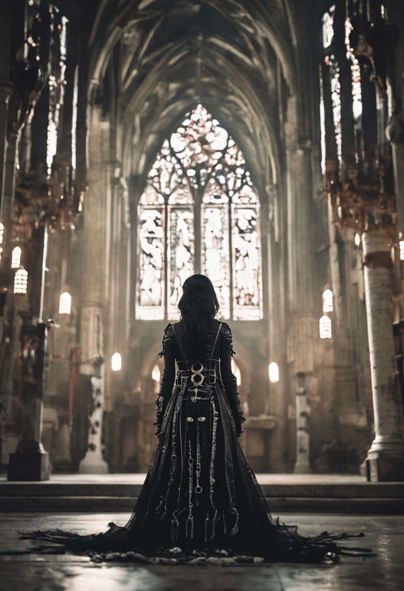 punk,deformity,Beautiful asian woman surreal,Full body scene,Fine art film style,illustration,Gothic,Kneel in the dark church and pray for atonement,Many skeletons,SMA Pentax 75mm F2.8al,Super realistic