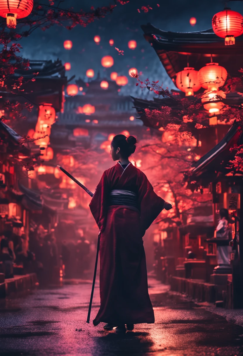 The background is a temple in the Japan that is in flames.、midnight、red hairs、Woman in white kimono holding Japan sword、Women are also burning