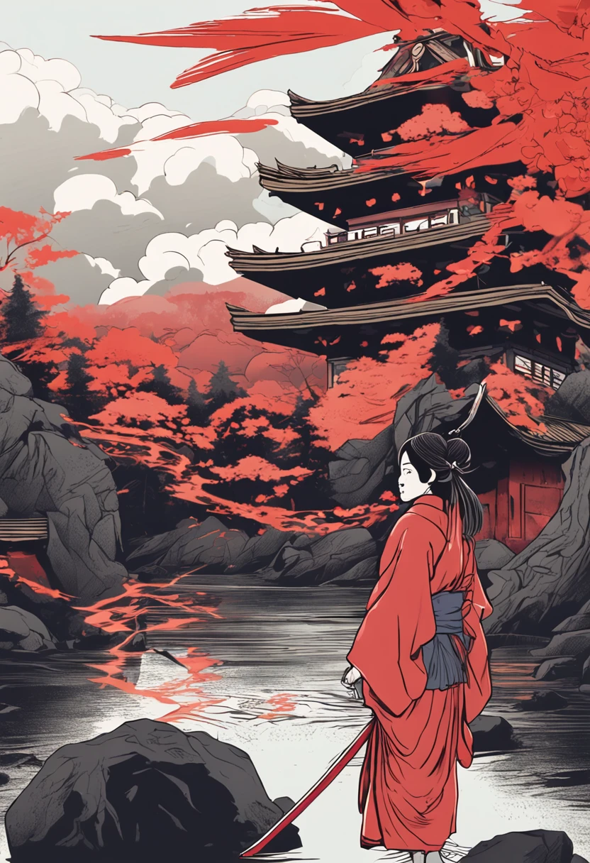 The background is a temple in the Japan that is in flames.、midnight、red hairs、Woman in white kimono holding Japan sword、Women are also burning