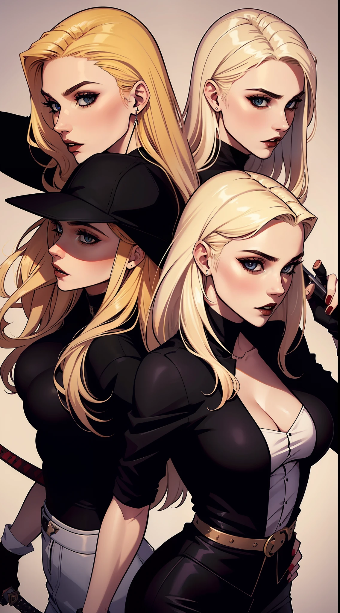 two female friends, one of them is a vampire with blonde hair and is wearing warm clothing, the other woman has black hair and is holding a sword, on a white background