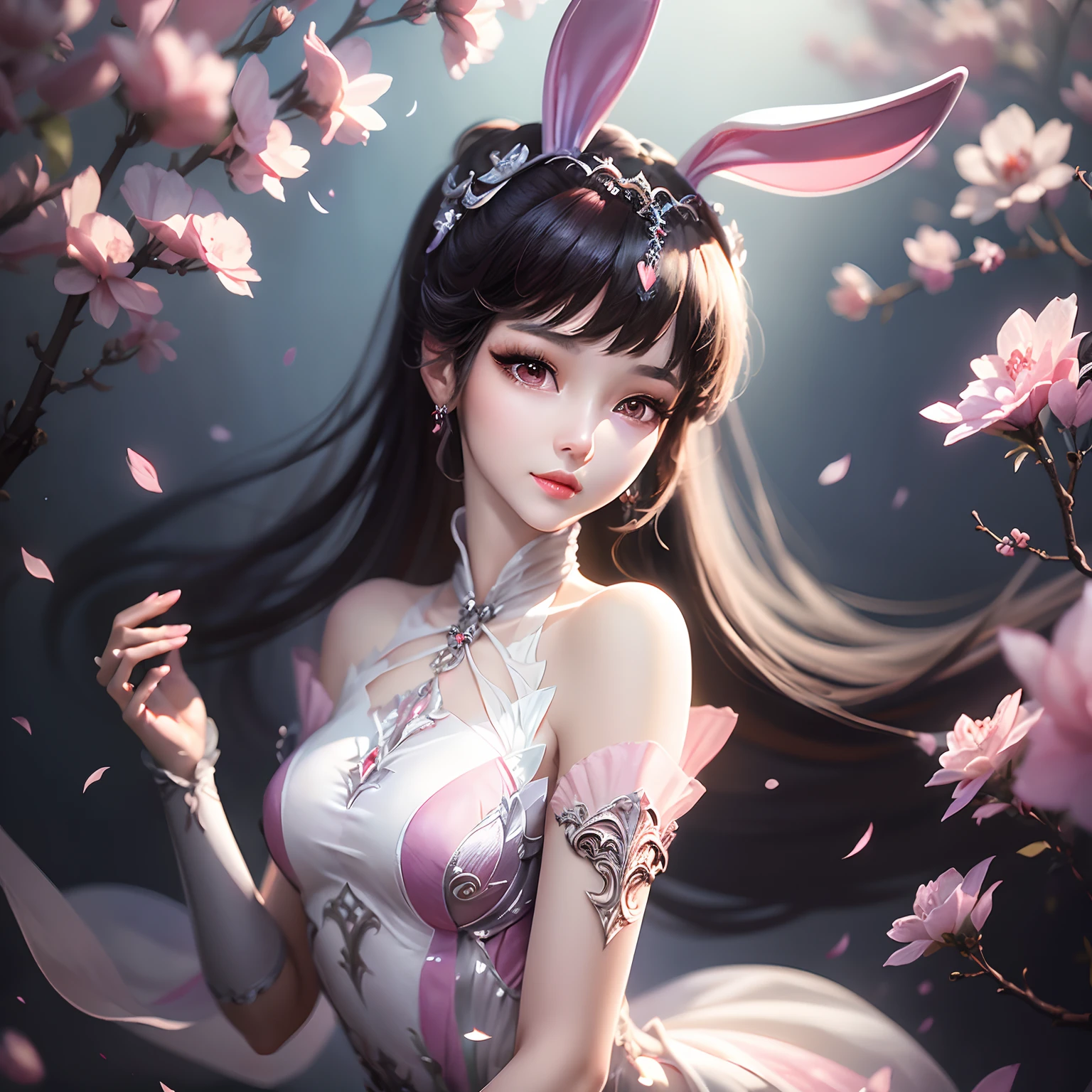 (coefficient 1.2) (fresh and elegant painting style + clear and delicate picture quality), the beautiful girl is petite, brown eyes shine with charming light, wearing rabbit ears, wearing a pink chiffon dress, elegant and aesthetic temperament exudes youthful vitality, soft and warm. The facial features are delicate and the beauty is outstanding.