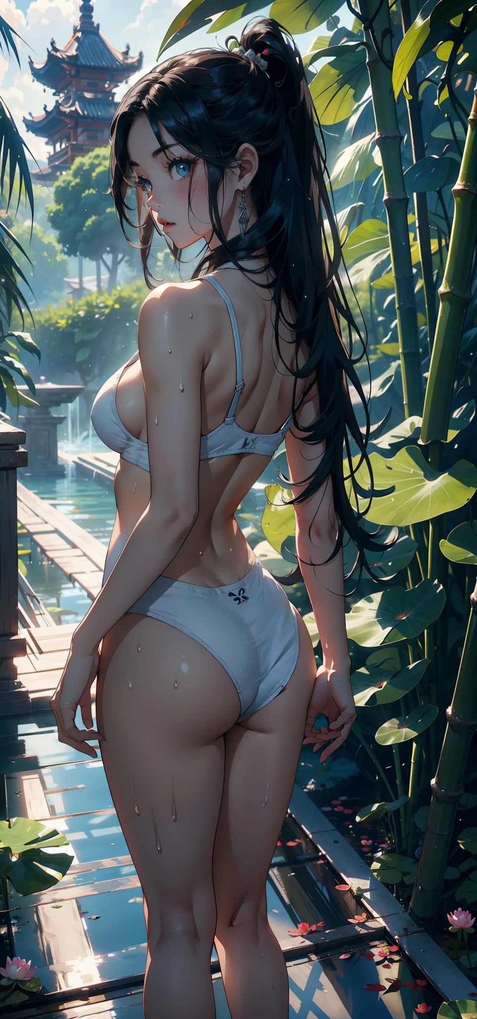 1female，，bit girl，Small lolimallunderboob ，Pornographic exposure， 独奏，（Background with：bamboo forrest，lotuses，lotus flower，exteriors，Lotus pond） She has long black hair，standing on your feet，Sweat profusely，drenched all over the body，seen from the front， hair straight， mostly cloudy sky，（（（tmasterpiece），（Very detailed CG unity 8K wallpaper），best qualtiy，cinmatic lighting，detailed back ground，beatiful detailed eyes，Bright pupils，Black eyes，（Very fine and beautiful），（Beautiful and detailed eye description），ultra - detailed，tmasterpiece，）），facing at camera，A high resolution，ultra - detailed），revealing breasts，Bare genitalia，  Bulge，legs are open，Raised sexy，Camel toes，Flushed complexion，Open-mouthed，frontage，high school senior，（Wearing：Classical school uniform，athletic sneakers）Full body photo，Show shoes