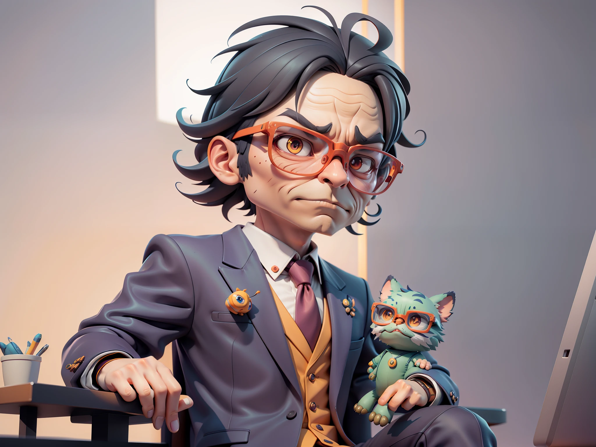 A young man in a suit, Short hair and glasses sat at his desk，holding laptop，digitial painting，tigre，3D character design by Mark Clairen and Pixar and Hayao Miyazaki and Akira Toriyama，4K HD illustration，Very detailed facial features and cartoon-style visuals。