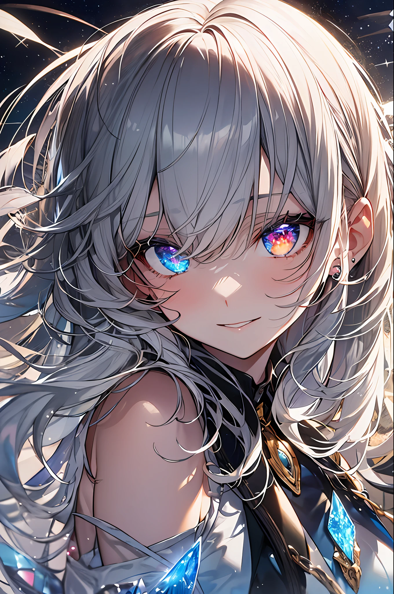 ((​masterpiece、top-quality、Watercolor art(Pendants)、Official art、Beautifully Aesthetic:1.2))、(the golden ratio:1.2)、(ultra-detailliert:1.3)、(1girl in:1.3)、(Fractal Art:1.3)、full body Esbian、((Glitter pupils))、patterns、((rainbow-colored hair、colourful hair、Half silver and half white:1.2))、colourfull、Writing、(heterochromia iridis)、(colourfull:1.5)、((Shy face))、(Hyper-detailing), ((delicate detail)), (intricate detailes), ((ciinematic light, best quality backlight)), highcontrast, ((The best lighting, extremely delicate and beautiful)), ((ciinematic light))、(ray trace reflection、brilliance)、((glowing aura))、((Radiant hair))、((The ultra-detailliert))、((8K))、((write))、Delicate beautiful face and eyes,Focus on Face, ​masterpiece,Shock sensation、(realisitic:0.5)、Original 2 High Saturation、((Neat and clean woman))、((night sky full of stars))、(((Shining eyes:2))),(((Crystal pupil:1.3))),(((Big eyes:1.3)))、(((Crystals in the eye:1.5))), absurderes, superfine illustration, Best Quality, extremely cute and beautiful girl, Very detailed and very beautiful adult big smile:1.2, ;D, Face up, Beautiful Growing Crystal Diamond Silver Star Pupil, look at viewr, Beautiful detailed** Black **hair:1.2, Solo, Beautiful detailed **Black and silver** ribon, Beautiful detailed **Black** (((High School Uniform))), Fantastic and shining wide rainbow with circles, Shooting stars and strong winds、Night and rainbow shooting stars, Magic Circle:1,2 of the detailed background、Shining Silver