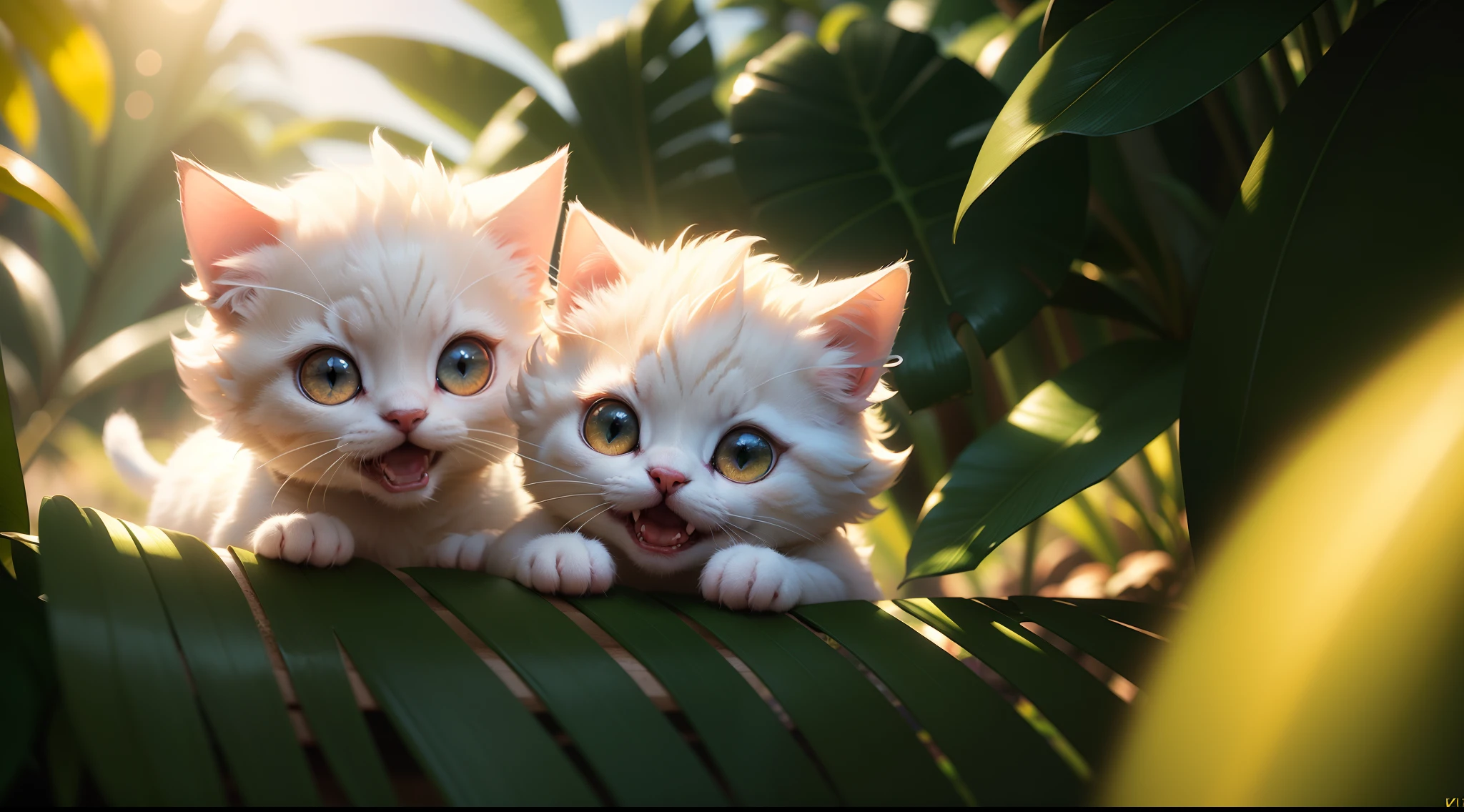 Very cute furry white tropical punk kitten, big eyes, flowers, bushes, full body, open mouth, laugh, professional light, depth of field 8k, golden magic moment, professional photography, octane rendering, super realistic - amazing sunlight, dynamic composition, photography, sharp focus, background bokeh, open mouth, laugh !!!