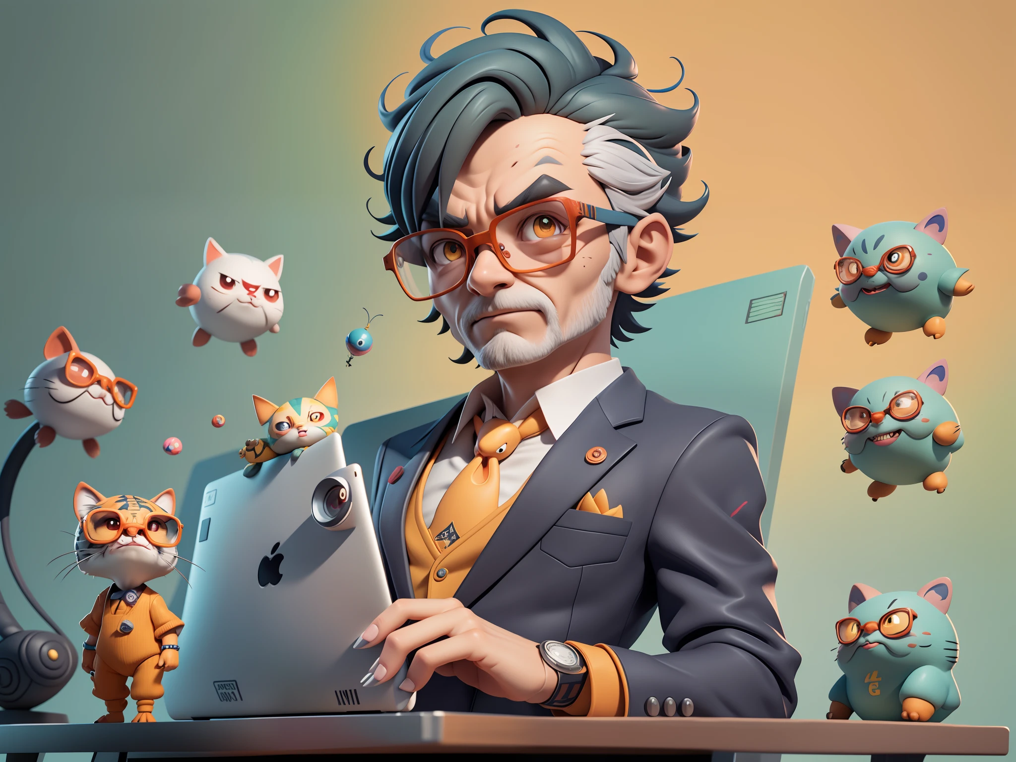 A young man in a suit, Short hair and glasses sat at his desk,holding laptop,digitial painting,tigre,3D character design by Mark Clairen and Pixar and Hayao Miyazaki and Akira Toriyama,4K HD illustration,Very detailed facial features and cartoon-style visuals。