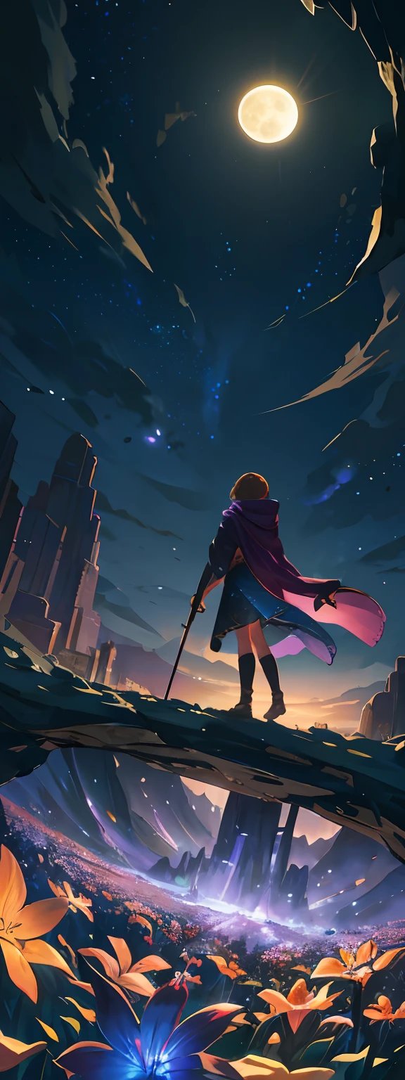 expansive landscape photograph , (a view from below that shows sky above and open field below), a girl standing on flower field looking up, (full moon:1.2), ( shooting stars:0.9), (nebula:1.3), distant mountain, tree BREAK
production art, (warm light source:1.2), (Firefly:1.2), lamp, lot of purple and orange, intricate details, volumetric lighting, realism BREAK
(masterpiece:1.2), (best quality), 4k, ultra-detailed, (dynamic composition:1.4), highly detailed, colorful details,( iridescent colors:1.2), (glowing lighting, atmospheric lighting), dreamy, magical, (solo:1.2)