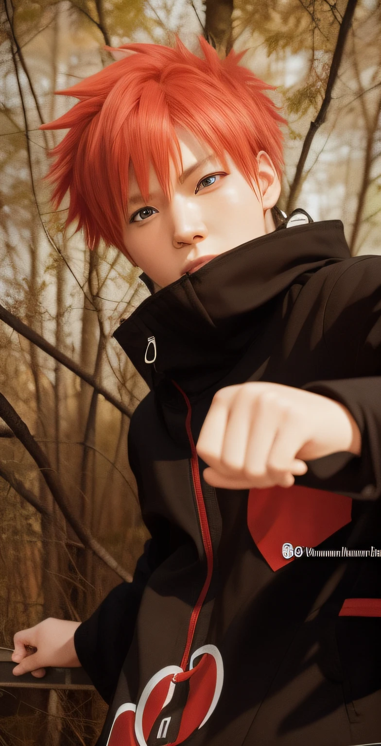 Naruto Anime Character. His Name is Sasori, member of Akatsuki Group. Have a red hair. He is young and western people. He have black nail, and wearing Akatsuki Jacket. Make this image to Potrait Photo.