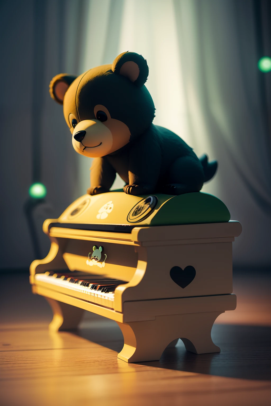 Cute cartoon bear forest, pianos, Cartoony, A high resolution, Fluorescence, Blind box toy style