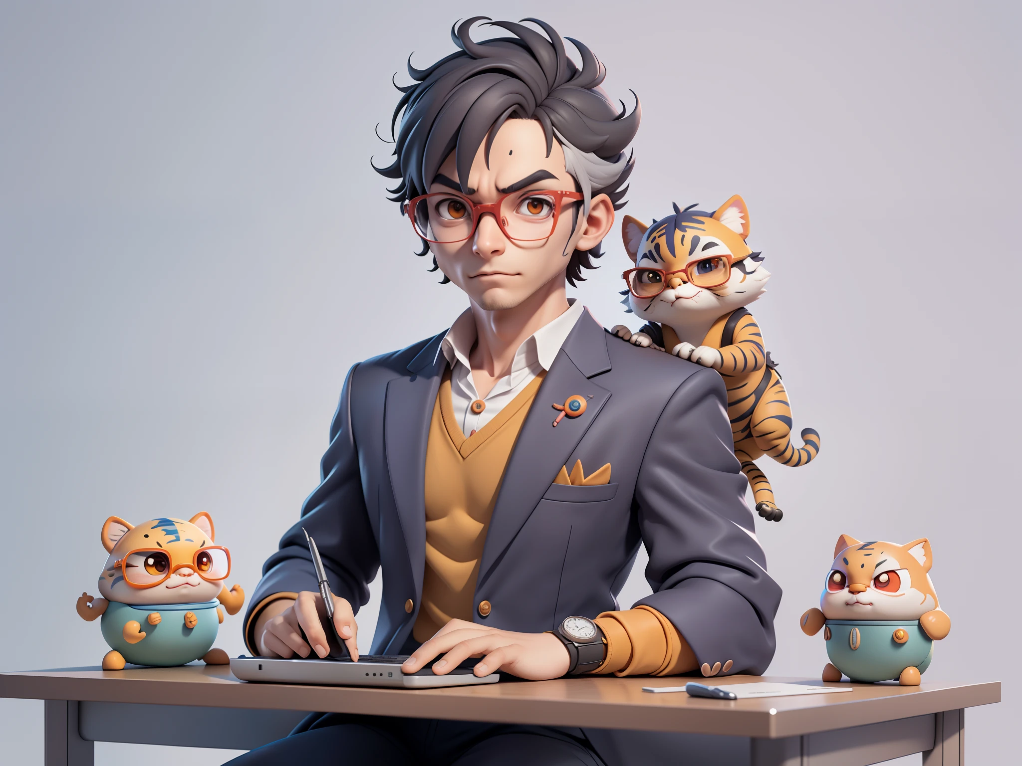 A young man in a suit, Short hair and glasses sat at his desk，holding laptop，digitial painting，tigre，3D character design by Mark Clairen and Pixar and Hayao Miyazaki and Akira Toriyama，4K HD illustration，Very detailed facial features and cartoon-style visuals。