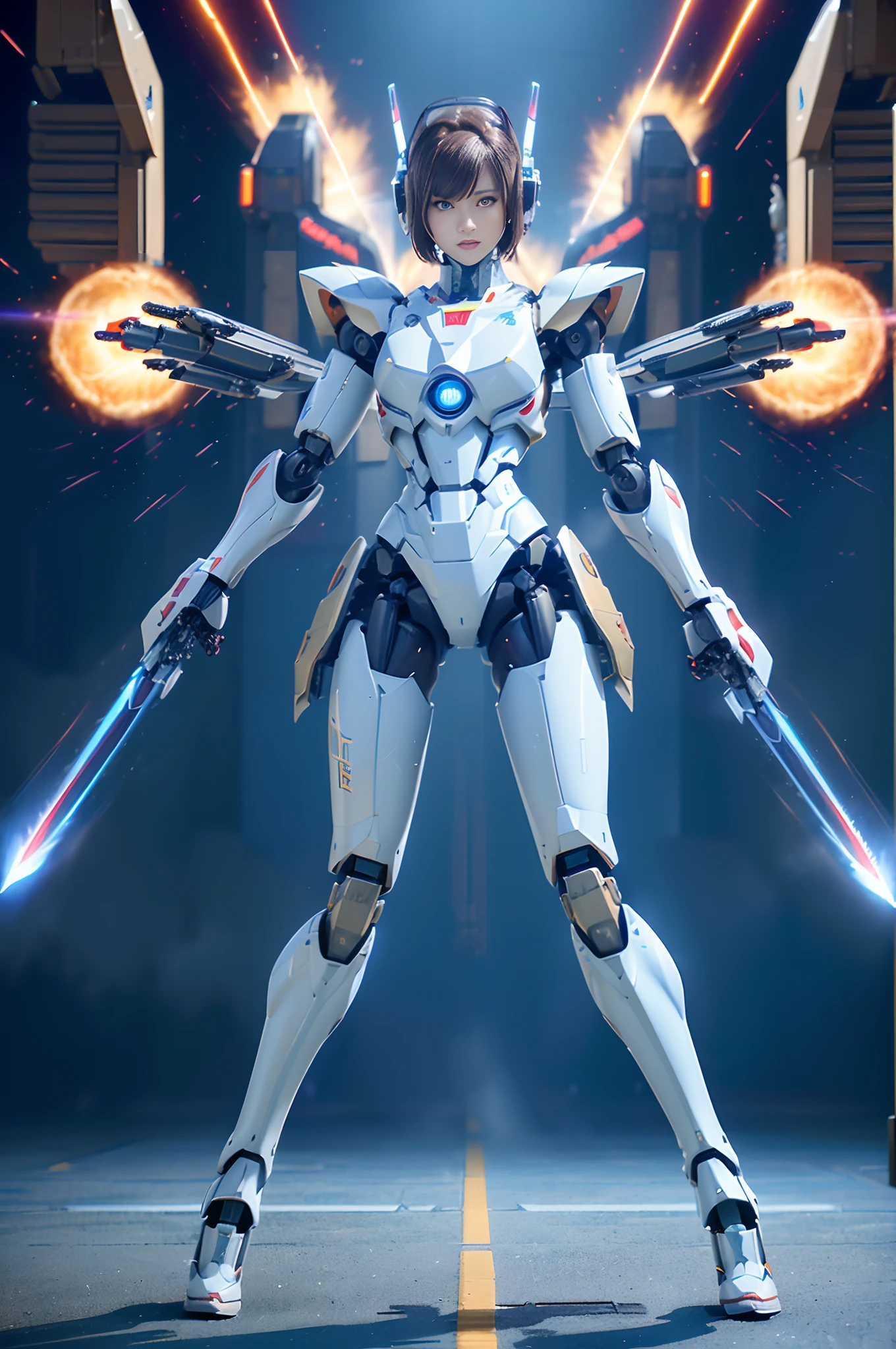 Anime - style image of woman in futuristic suit with two guns, ferra white mecha, mechasuit, female mech, Girl in Mecha Cyber Armor, in white futuristic armor, full body mecha suit, Porcelain Cyborg Armor, glossy white armor, mechanized valkyrie girl, echo from overwatch, 3 d render character art 8 k, mecha-armored
