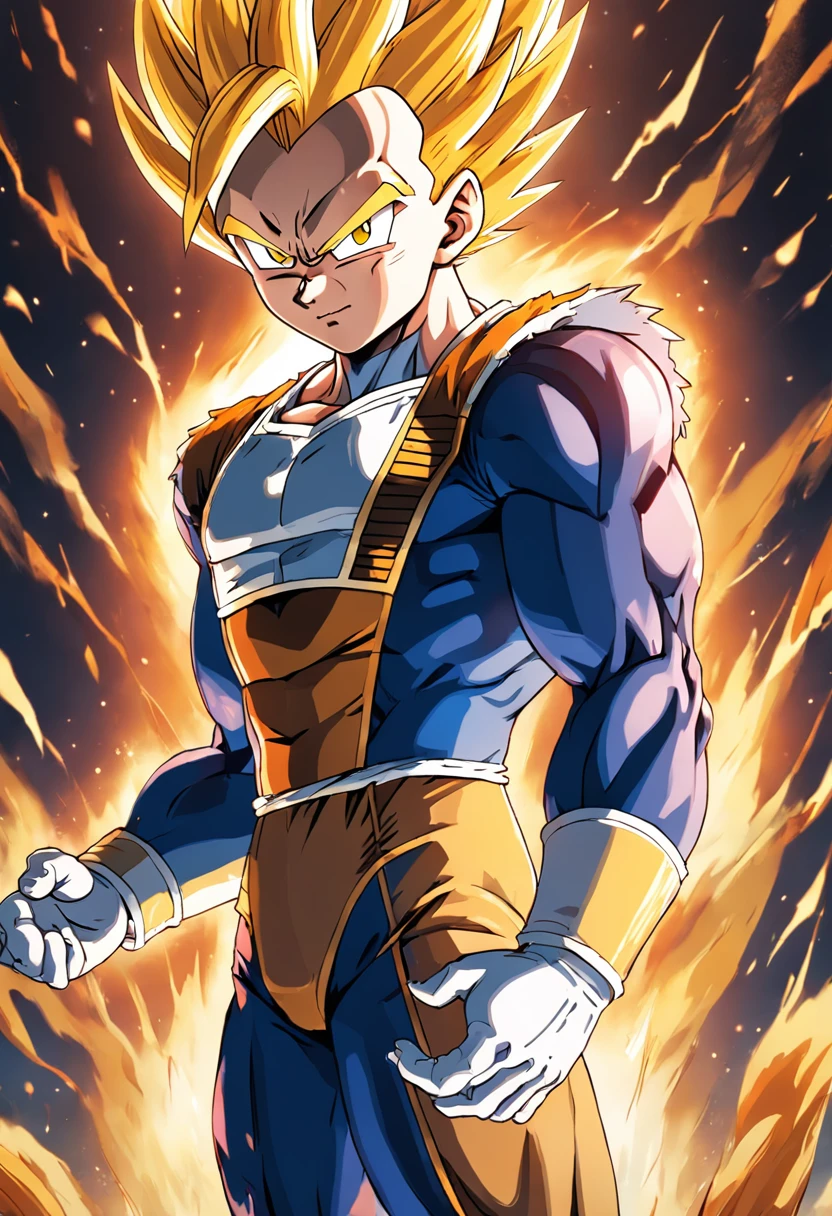 uma arte detalhada de Vegeta com roupas saiajyns e transformado em Super Sayajin com efeitos de raios amarelos ao seu redor, carregando seu Final Flash, Dragon ball z, 4k, Full HD, corpo inteiro, inspirado em Akira Toriyama, Estilo de arte de Dragon Ball, 动漫壁纸, estilo de desenho hiper-realista, arte de anime limpa e detalhada, dynamic background.