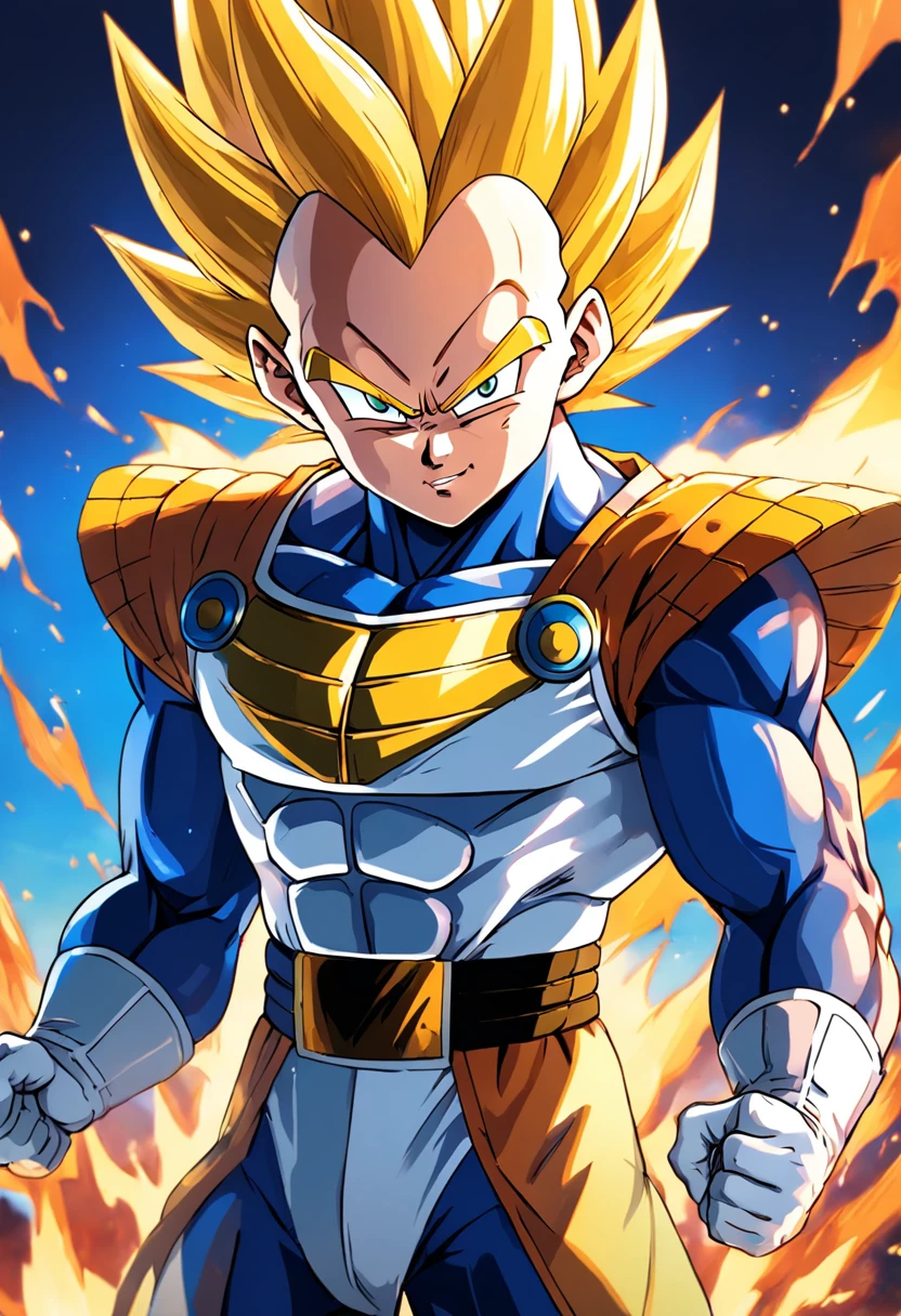 uma arte detalhada de Vegeta com roupas saiajyns e transformado em Super Sayajin com efeitos de raios amarelos ao seu redor, carregando seu Final Flash, Dragon ball z, 4k, Full HD, corpo inteiro, inspirado em Akira Toriyama, Estilo de arte de Dragon Ball, 动漫壁纸, estilo de desenho hiper-realista, arte de anime limpa e detalhada, dynamic background.