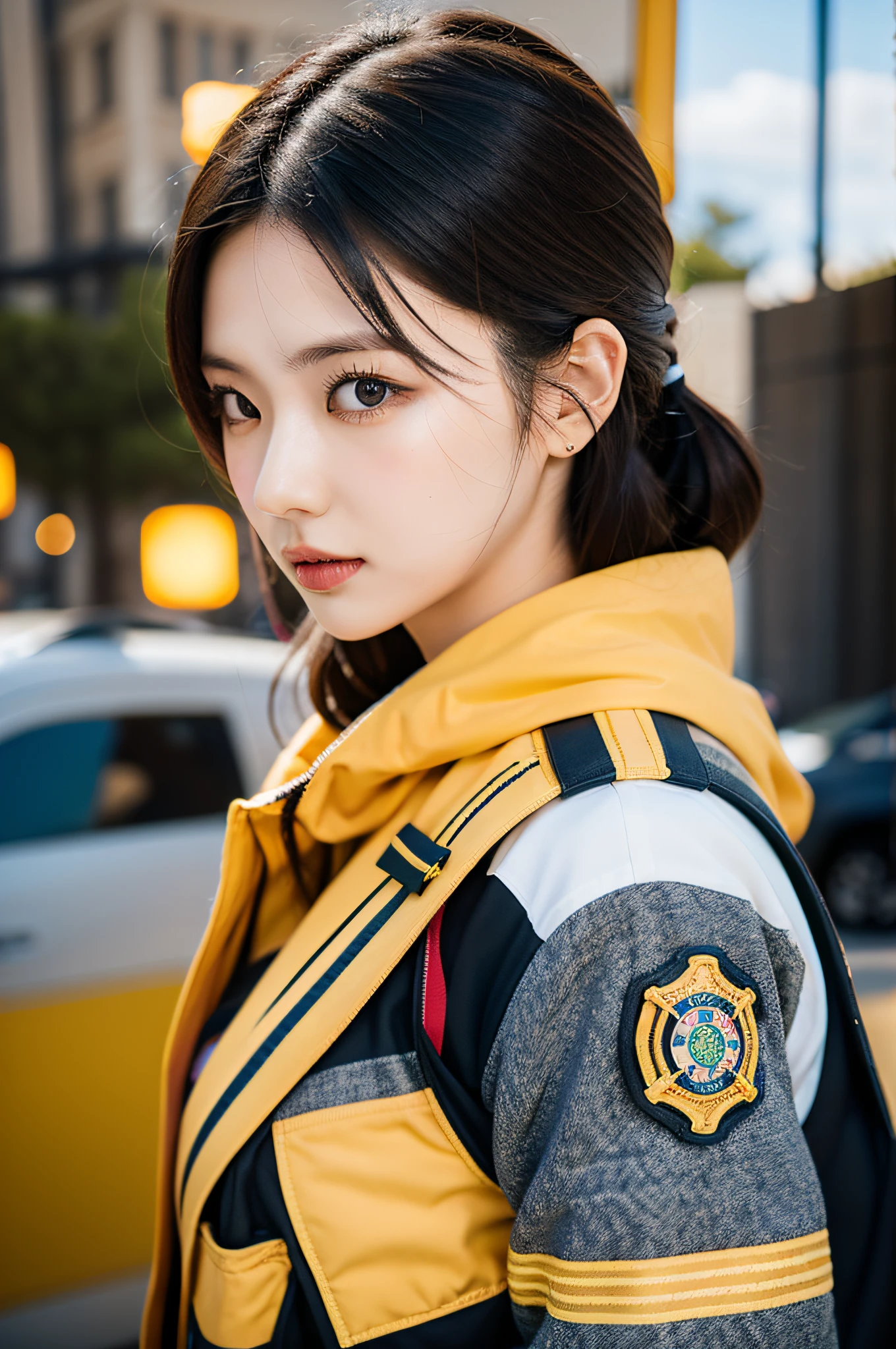 Fire truck on background、Imagine a scene with Eri Kamei, Dressed as a firefighter, Ready for action. Content: Eri Kamei, Decorated with firefighter attire, Bring an emergency medical kit by her side, With a bustling emergency scene in the background. Medium: Photography. Style: A blend of realism and idol charm, Get inspired by Japan idol magazines. Lighting: Combination of ambient light from the emergency scene and Eri Kamei's soft spotlights. Colors: Highlight the contrasting red of the firefighter uniform and the cool blue of the emergency light. Composition: Choose a high-resolution 16K camera, Probably Nikon D850 or equivalent, With a 50mm lens、While focusing on the subject、Captures a wider scene. Shots must be intricately detailed, Capture the urgency of the moment. --ar 16:9 - V5.1 --Style raw --Q 2 --S 750