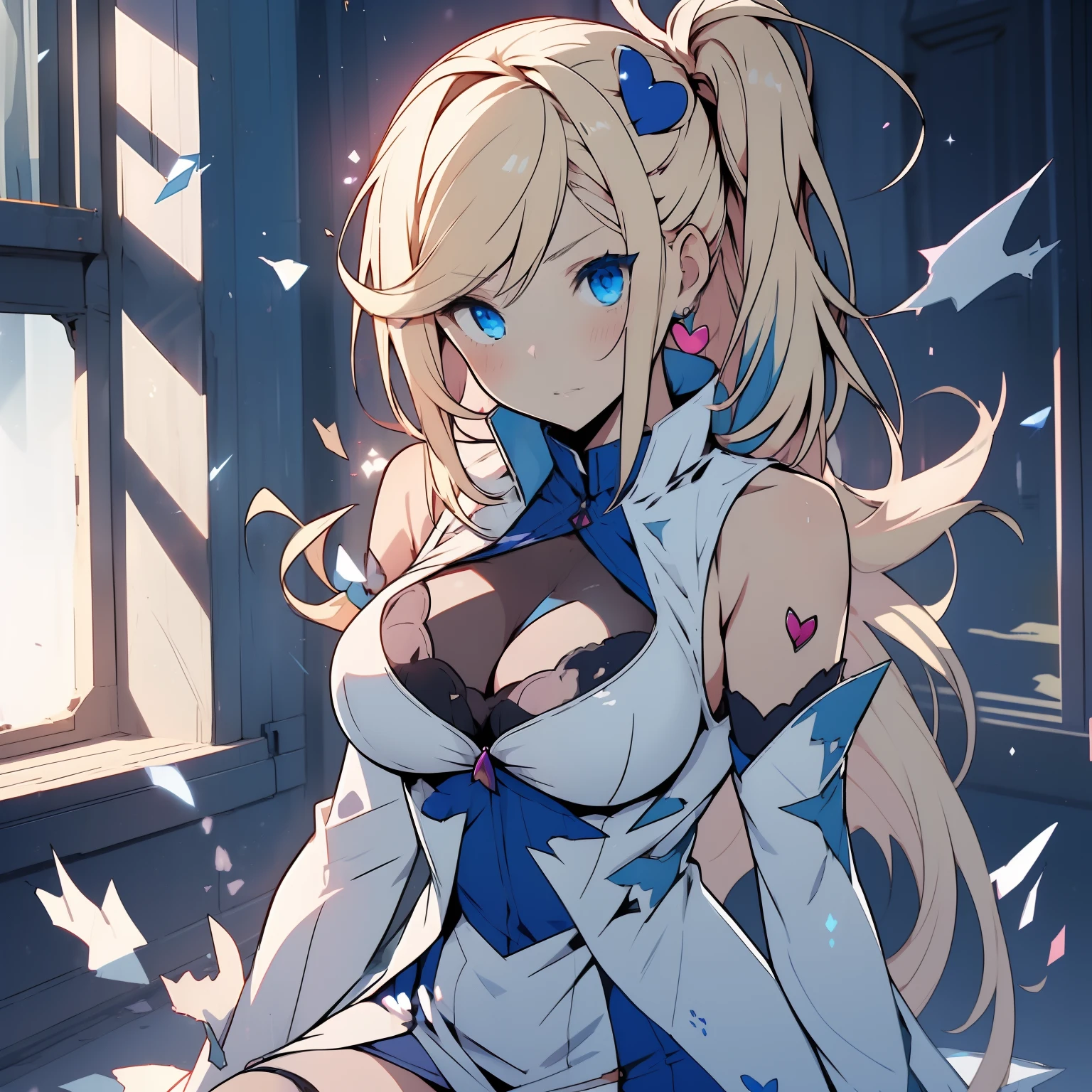 (torn_clothes:1.31), Minerva, 1girl, solo, blue eyes, large breasts, long hair, blonde hair, side ponytail. heart hair ornament, two-tone blue and white sleeveless dress, white detached sleeves past wrists, white thigh boots, cleavage_window, thigh_window, (ripped clothes:1.31)