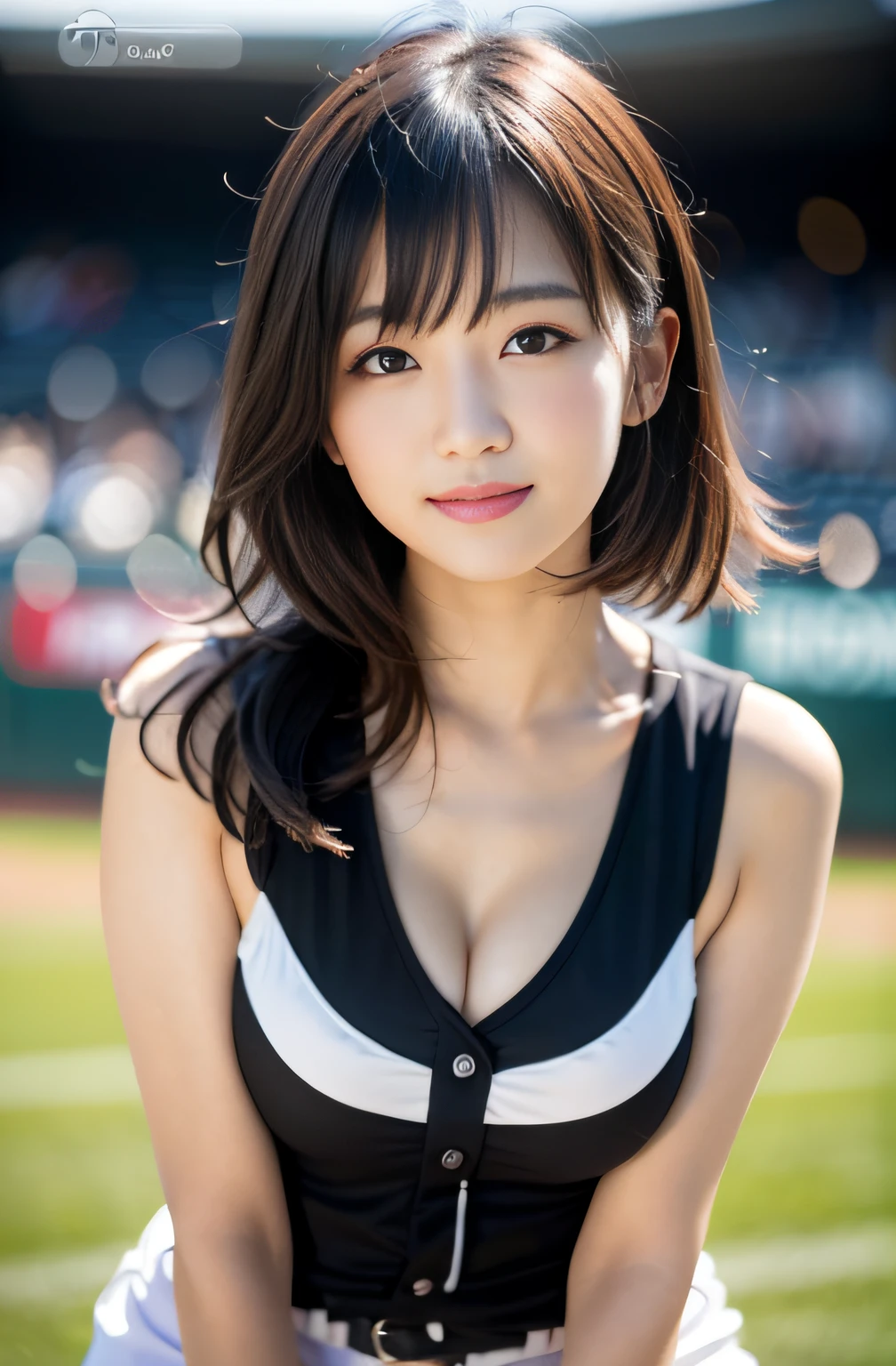 (8K, Raw-Photo, Top Quality, masterpiece: 1.2), masterpiece, super detaill, 超High Resolution A, (realistic and realistic photo: 1.37), High Definition RAW Color Photography, very delicate and beautiful., ighly Details, 8K wallpaper, astonishing, The Details, very detail eyes, highlydetailed skin, extremely detailed fingers, extremely detailed nose, highly detail mouth, perfect anatomia,1girll, (Baseball Uniforms), hazy, blured background, blurred foreground, blush, Braid, pectorals, depth of fields, Eyebrows Visible Through Hair, Frild, Hair between eyes, baseball stadium, jewellery, looking up at viewer, Short hair, Solo, tits huge、乃木坂アイドル、韓国アイドル、hposing Gravure Idol、pornstar、18 years-old、Tall、韓国アイドル、乃木坂アイドル、pornstar、hposing Gravure Idol、((s whole body)), ((Gravure Pose)), ((Saxie pose))