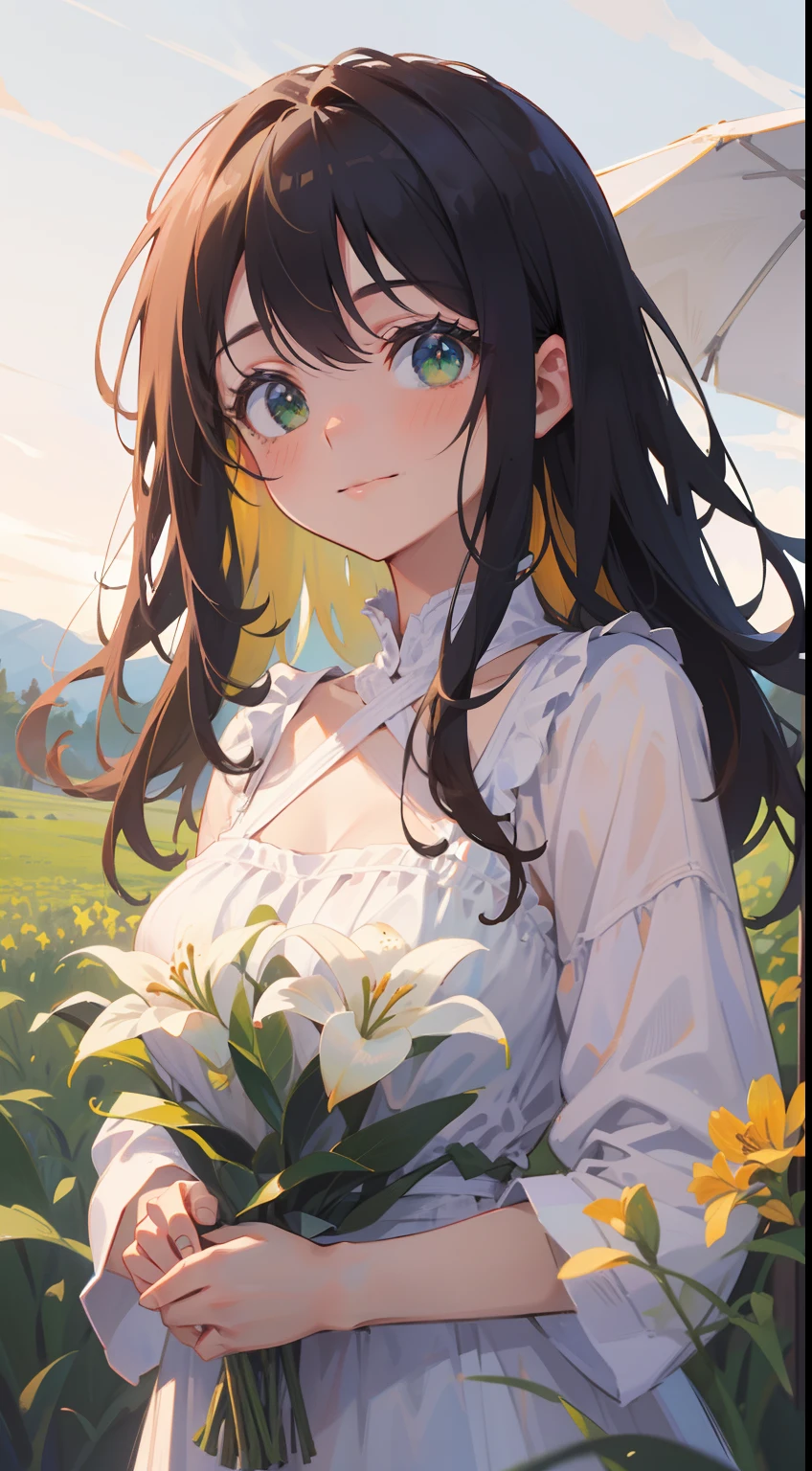 ((masutepiece)), ((Best Quality)), (Ultra-detailed), ((kawaii)), Cute, (lovely), ((Sexy)), (Ero), ((Extremely detailed)), 4K, (8K), Best Quality, (Beautiful), Anime style, Dynamic Angle, Upper body, folding arms, Colorful, full body focus, Sunflower, Beautiful sky, Summer, Cute little girl s, 1girl in, Solo, one piece dress, Beautiful light brown hair, Beautiful purple eyes, ((Beautiful eyes)), White-skinned, Long hair, large full breasts, a straw fedora hat, horseshoe-shaped hairband, Necklace, lightsmile, blush, Lens Flare, Wind-effect