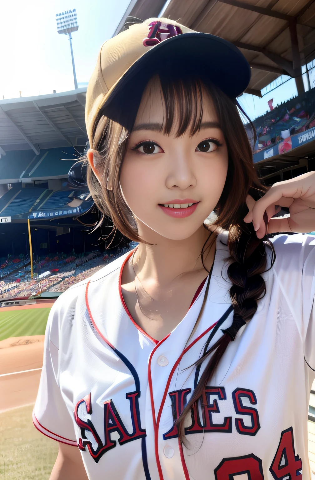 (8K, Raw-Photo, Top Quality, masterpiece: 1.2), masterpiece, super detaill, 超High Resolution A, (realistic and realistic photo: 1.37), High Definition RAW Color Photography, very delicate and beautiful., ighly Details, 8K wallpaper, astonishing, The Details, very detail eyes, highlydetailed skin, extremely detailed fingers, extremely detailed nose, highly detail mouth, perfect anatomia,1girll, (Baseball Uniforms), hazy, blured background, blurred foreground, blush, Braid, pectorals, depth of fields, Eyebrows Visible Through Hair, Frild, Hair between eyes, baseball stadium, jewellery, looking up at viewer, Short hair, Solo, tits huge、乃木坂アイドル、韓国アイドル、hposing Gravure Idol、pornstar、18 years-old、Tall、韓国アイドル、乃木坂アイドル、pornstar、hposing Gravure Idol、((s whole body)), ((Gravure Pose)), ((Saxie pose))