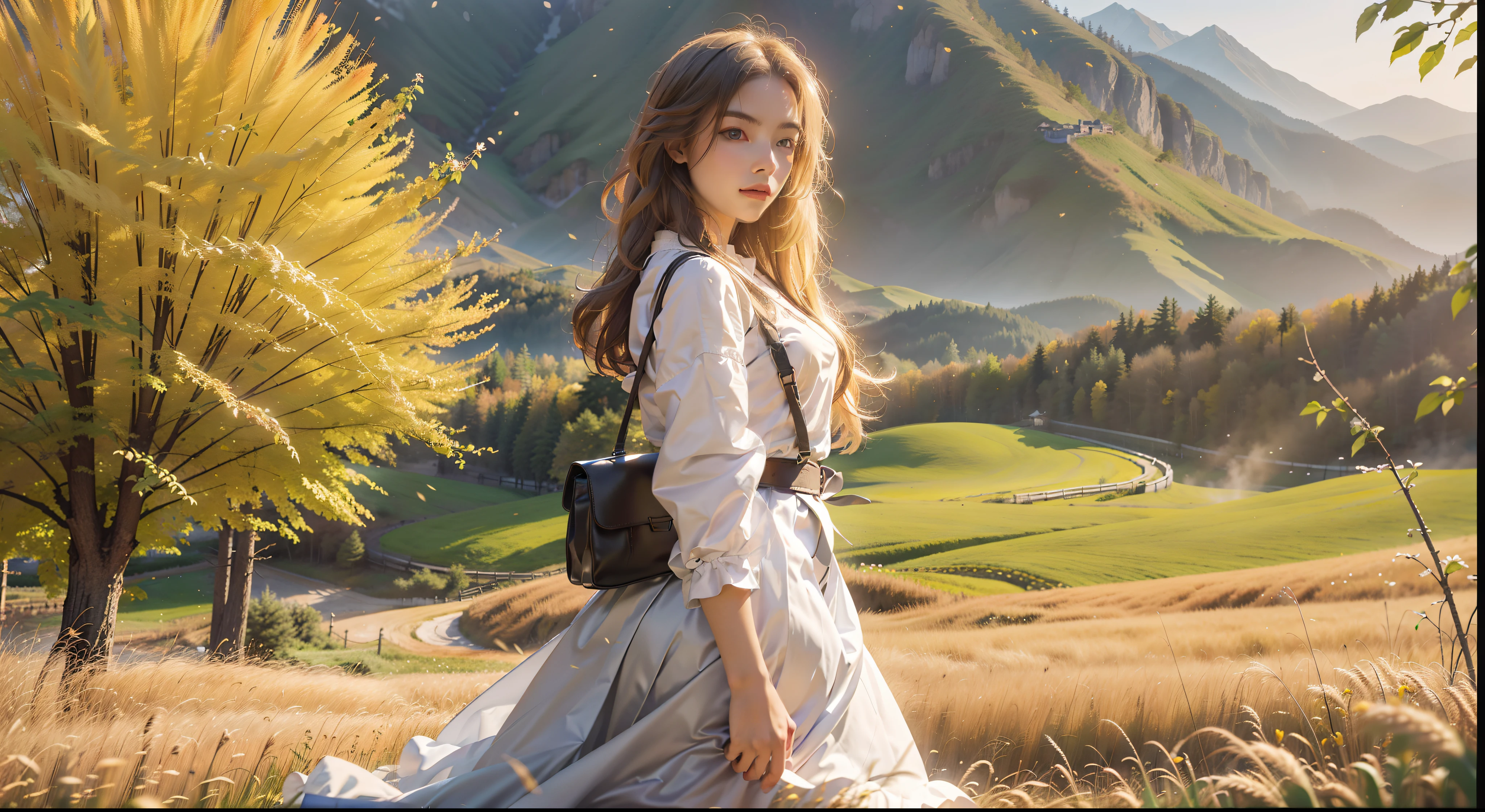 fall season,full bodyesbian, standing on your feet,long skirt,Portrait of cute blonde girl, Stand on a golden wheat field (((looks away))), In the distance, The mountains are full of red maple,Yellow deciduous flowers, orange fog, Exercise, floated hair, Realism, High-quality rendering, stunning art, High quality, filmgrain, Fujifilm XT3, Dreamy,