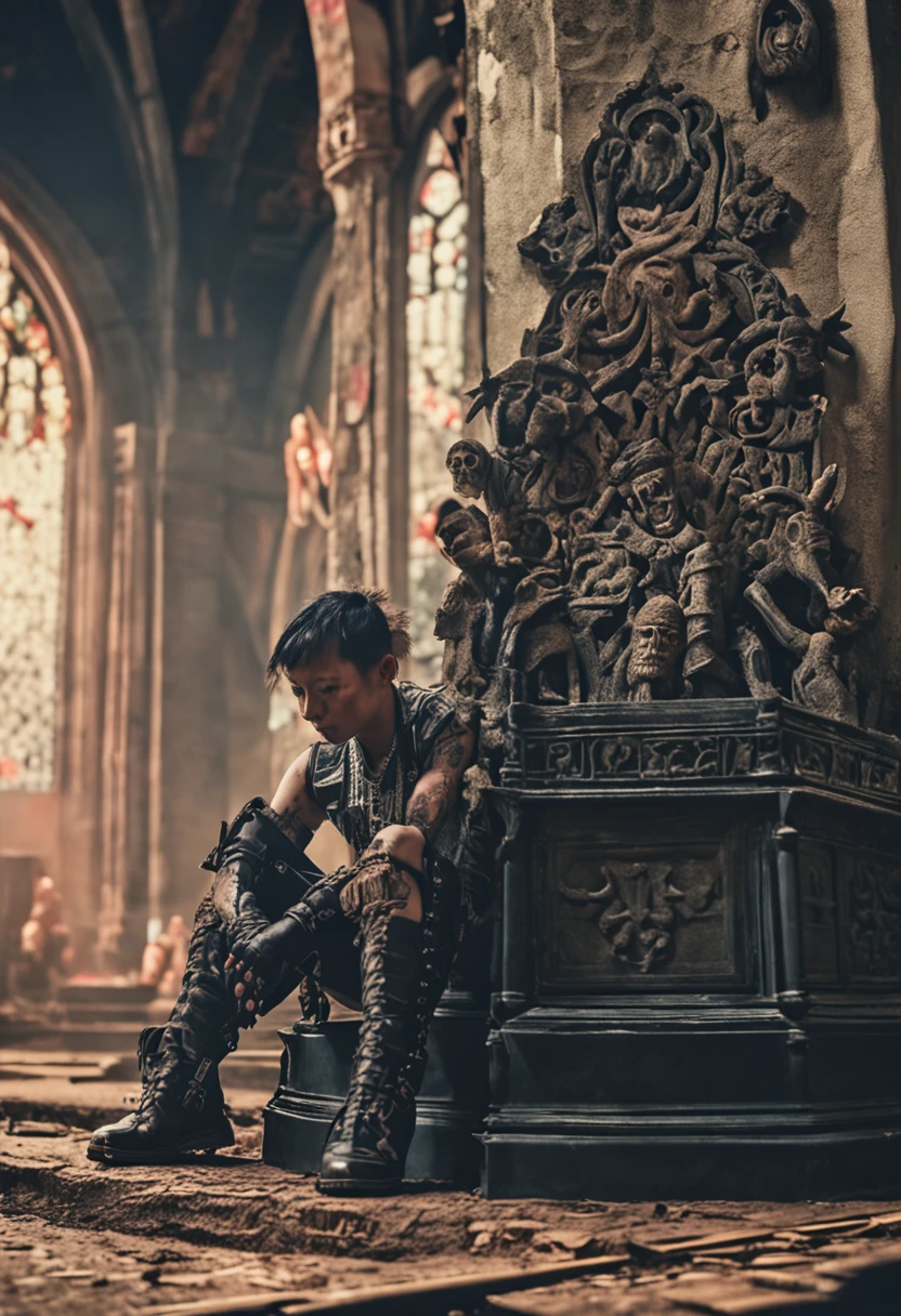 punk,Deformed beautiful asian woman,hyper realisitc,Full body scene,Fine art film style,illustration,Gothic,Kneel and pray inside the Dark Church,Many skulls behind him,SMA Pentax 75mm F2.8al,Super realistic