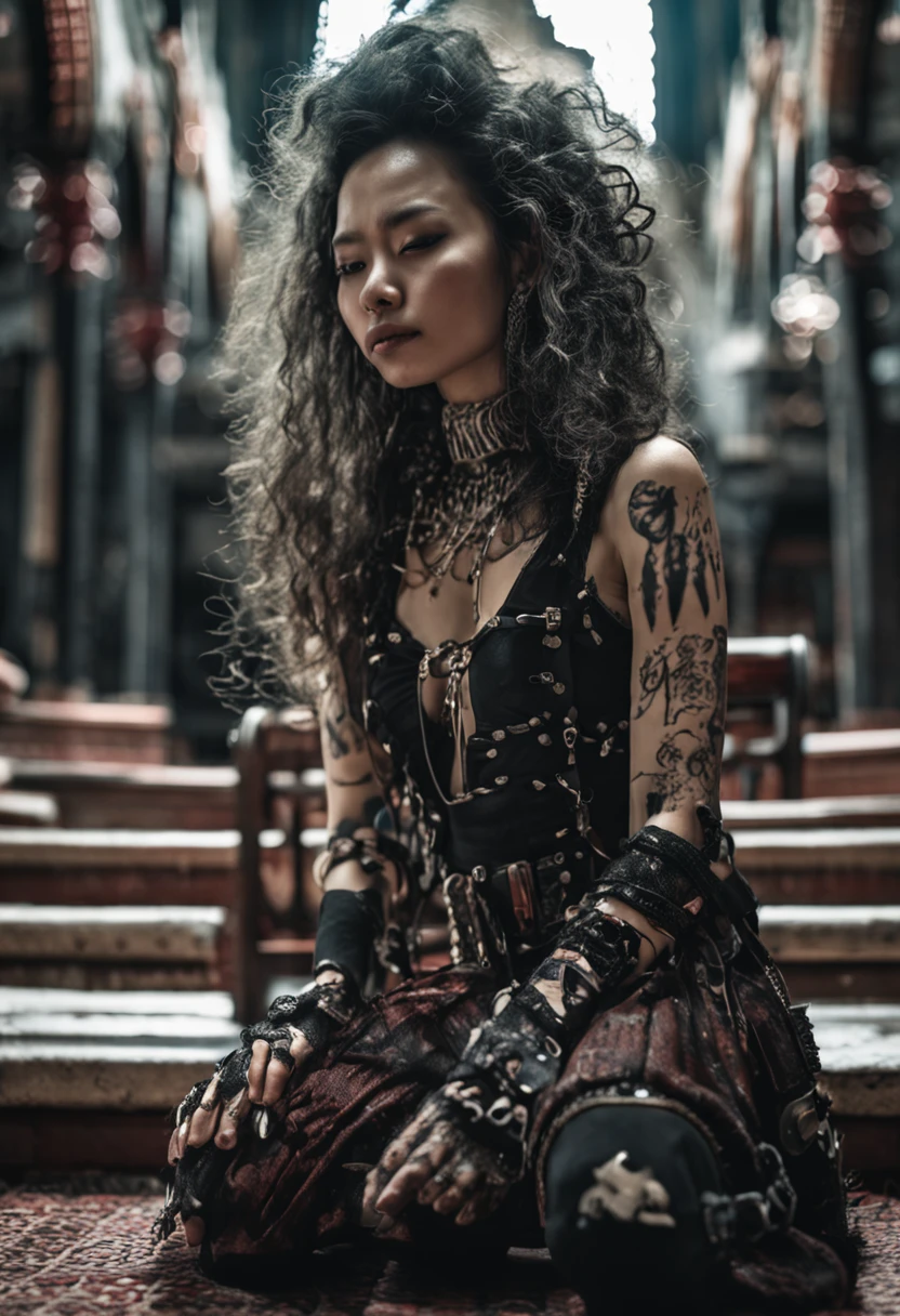punk,Deformed beautiful asian woman,hyper realisitc,Full body scene,Fine art film style,illustration,Gothic,Kneel and pray inside the Dark Church,Many skulls behind him,SMA Pentax 75mm F2.8al,Super realistic
