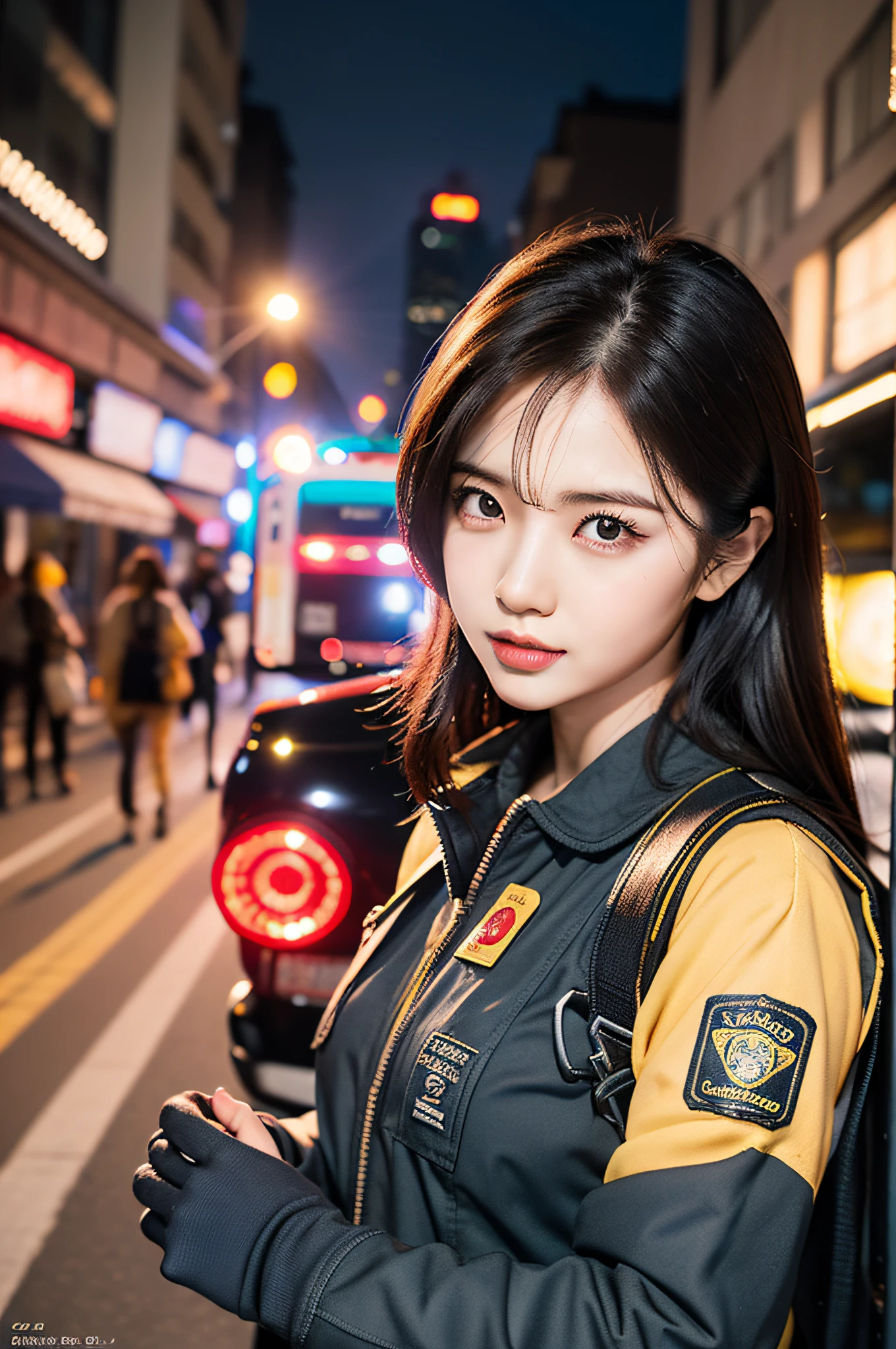 Fire truck on background、Imagine a scene with Eri Kamei, Dressed as a firefighter, Ready for action. Content: Eri Kamei, Decorated with firefighter attire, Bring an emergency medical kit by her side, With a bustling emergency scene in the background. Medium: Photography. Style: A blend of realism and idol charm, Get inspired by Japan idol magazines. Lighting: Combination of ambient light from the emergency scene and Eri Kamei's soft spotlights. Colors: Highlight the contrasting red of the firefighter uniform and the cool blue of the emergency light. Composition: Choose a high-resolution 16K camera, Probably Nikon D850 or equivalent, With a 50mm lens、While focusing on the subject、Captures a wider scene. Shots must be intricately detailed, Capture the urgency of the moment. --ar 16:9 - V5.1 --Style raw --Q 2 --S 750