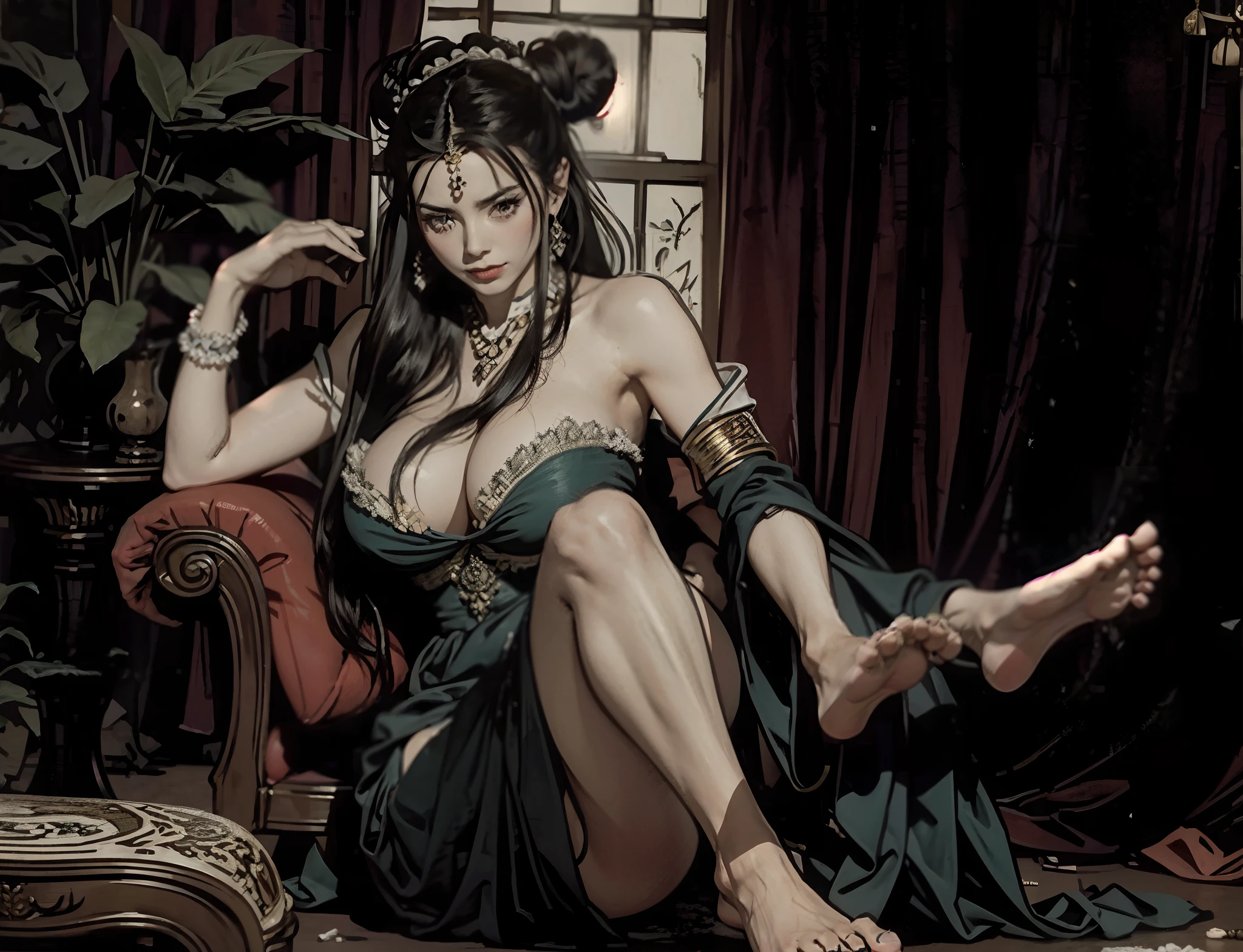 (best qualtiy),(solo person),Woman in period costume,mature,Flirtatious,,cabelos preto e longos,hair-bun,huge tit,Fragrant shoulders,Bare legged,Jade foot,Barefoot,binding,behead,behead,anvil,jewelry。