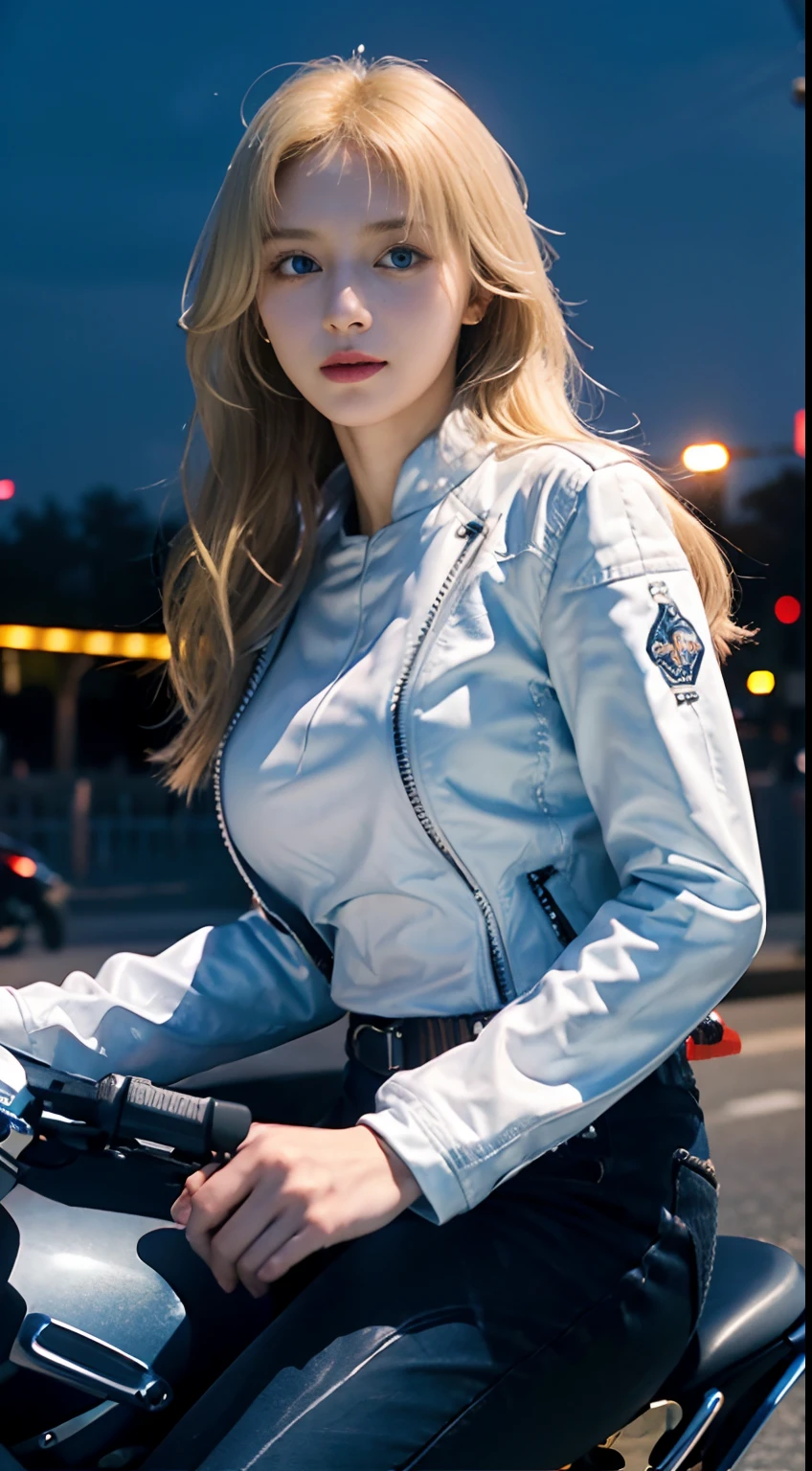 1girl in, (Blue eyes), rnsexy smile, ((In Mina's name)), Wide hips, Big breasts, big assa, (Best quality, 8K, masutepiece: 1.3)), Clear focus: 1.2, Perfect body beauty: 1.4 , Slim abs: 1.2, Wet body: 1.5, Highly detailed face and skin texture, Detailed eyes, Double eyelids, Long blonde hair, (White long-sleeved shirt and black motorcycle jacket), (jeans pants), (riding a motorcycle :1.4), At night in Syracuse
