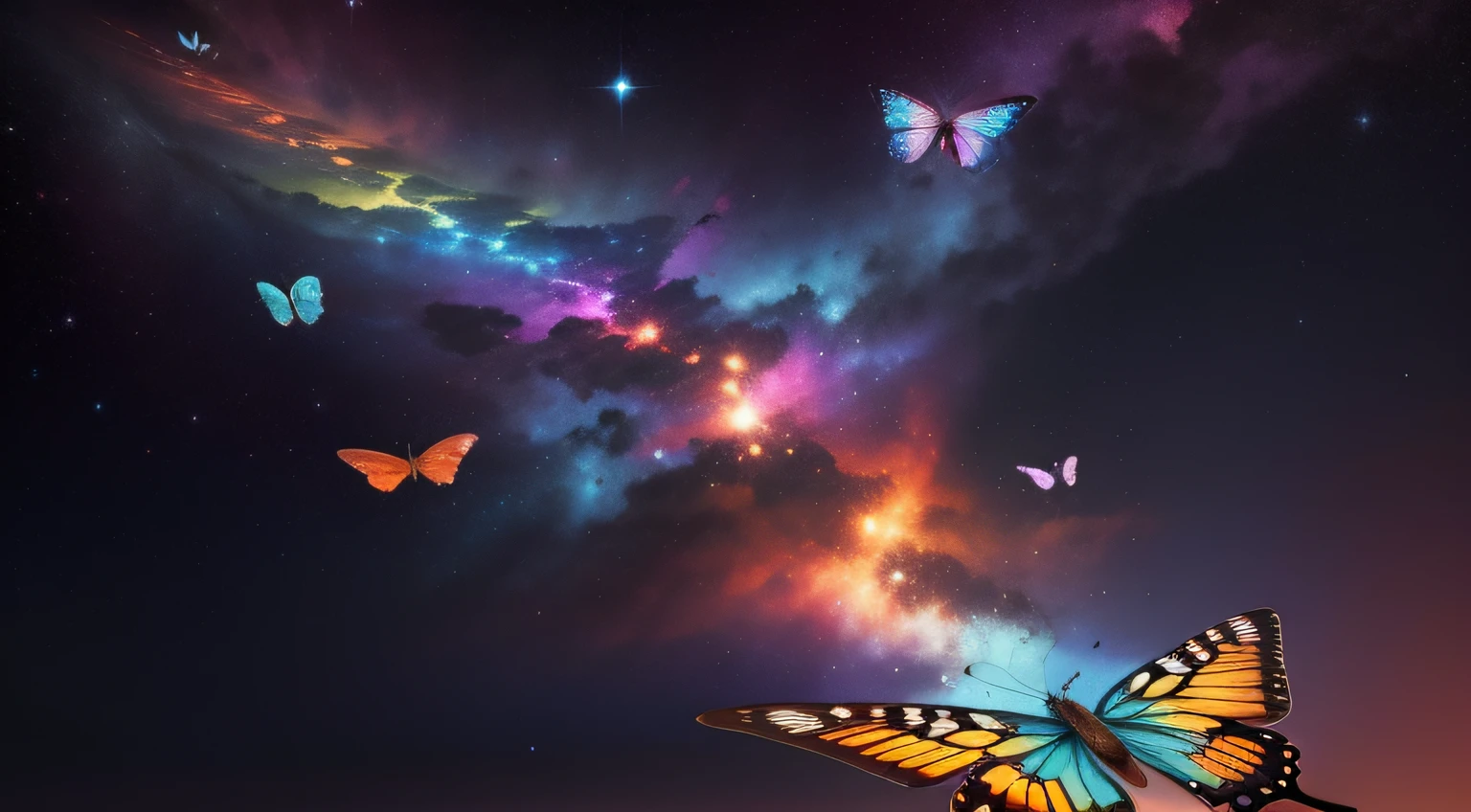 borboletas voando entre estrelas, colorful butterflies in space, Butterflies flying in a galaxy