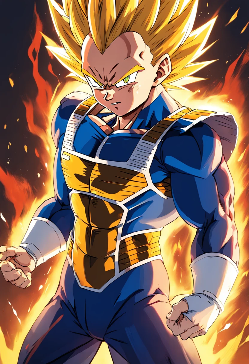 uma arte detalhada de Vegeta com roupas saiyajnns e transformado em Super Sayajin com efeitos de raios amarelos ao seu redor, carregando seu Final Flash, Dragon ball z, 4k, Full HD, corpo inteiro, inspirado em Akira Toriyama, Estilo de arte de Dragon Ball, estilo de desenho hiper-realista, arte de anime limpa e detalhada, dynamic background.