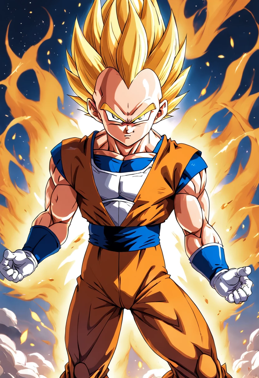 uma arte detalhada de Vegeta com roupas saiyajnns e transformado em Super Sayajin com efeitos de raios amarelos ao seu redor, carregando seu Final Flash, Dragon ball z, 4k, Full HD, corpo inteiro, inspirado em Akira Toriyama, Estilo de arte de Dragon Ball, estilo de desenho hiper-realista, arte de anime limpa e detalhada, dynamic background.