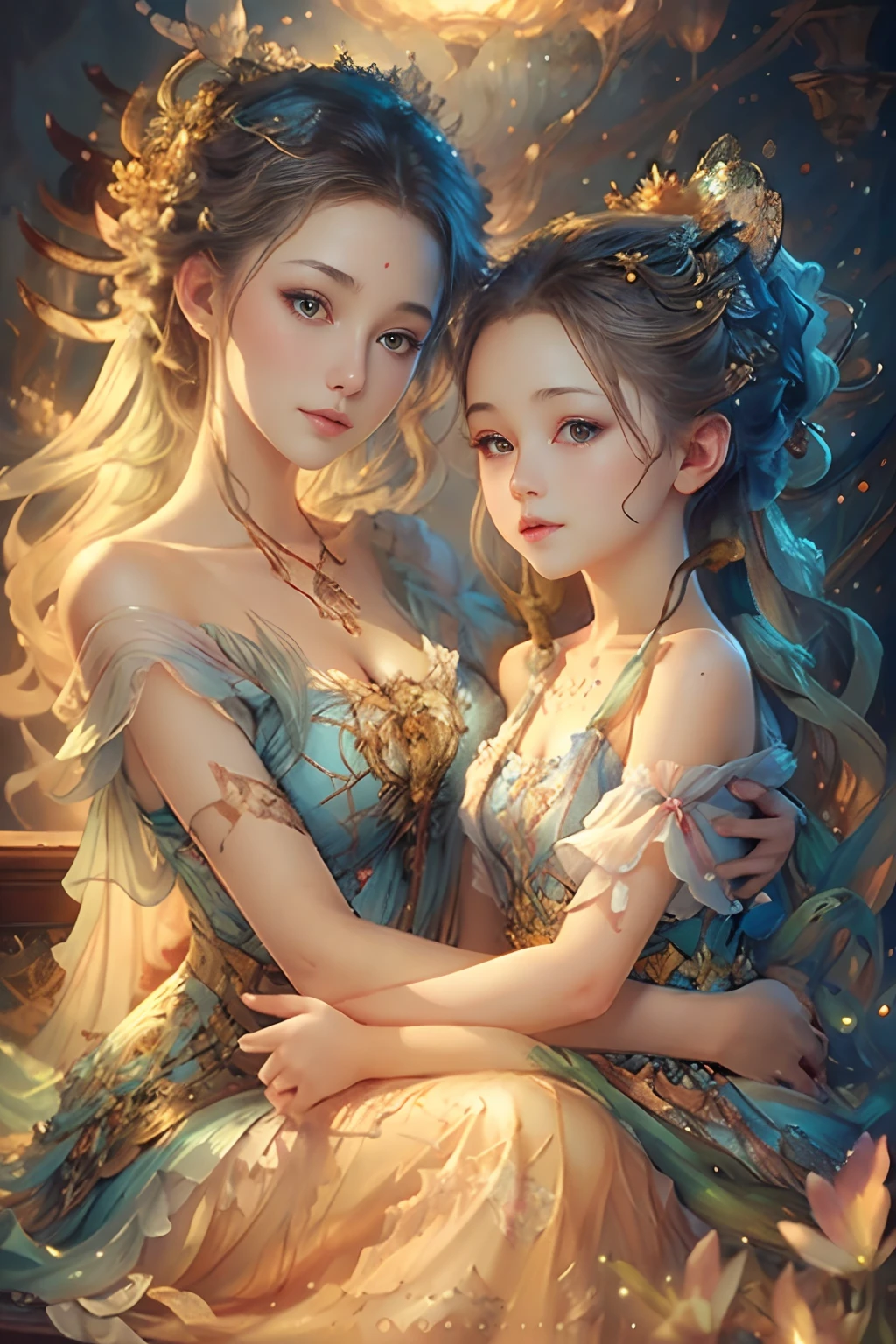 art by Vladimir Volegov,
Mother and daughter, ultra hd detailed painting beautiful faces and eyes, modern portrait, 
digital art

, Jean-Baptiste Monge style, bright, beautiful  , splash,  

, Glittering , cute and adorable,  filigree,  , rim lighting, lights, extremely ,  magic, surreal, fantasy, digital art, , wlop, artgerm and james jean,