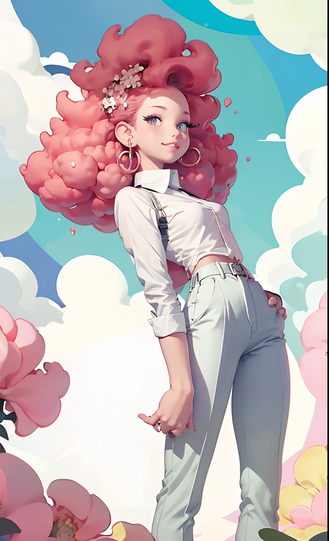 masterpiece, best quality, 1girl, short curly hair, platinum blonde hair, shirt, trousers, fluffy clouds, bright, vibrant, happy
